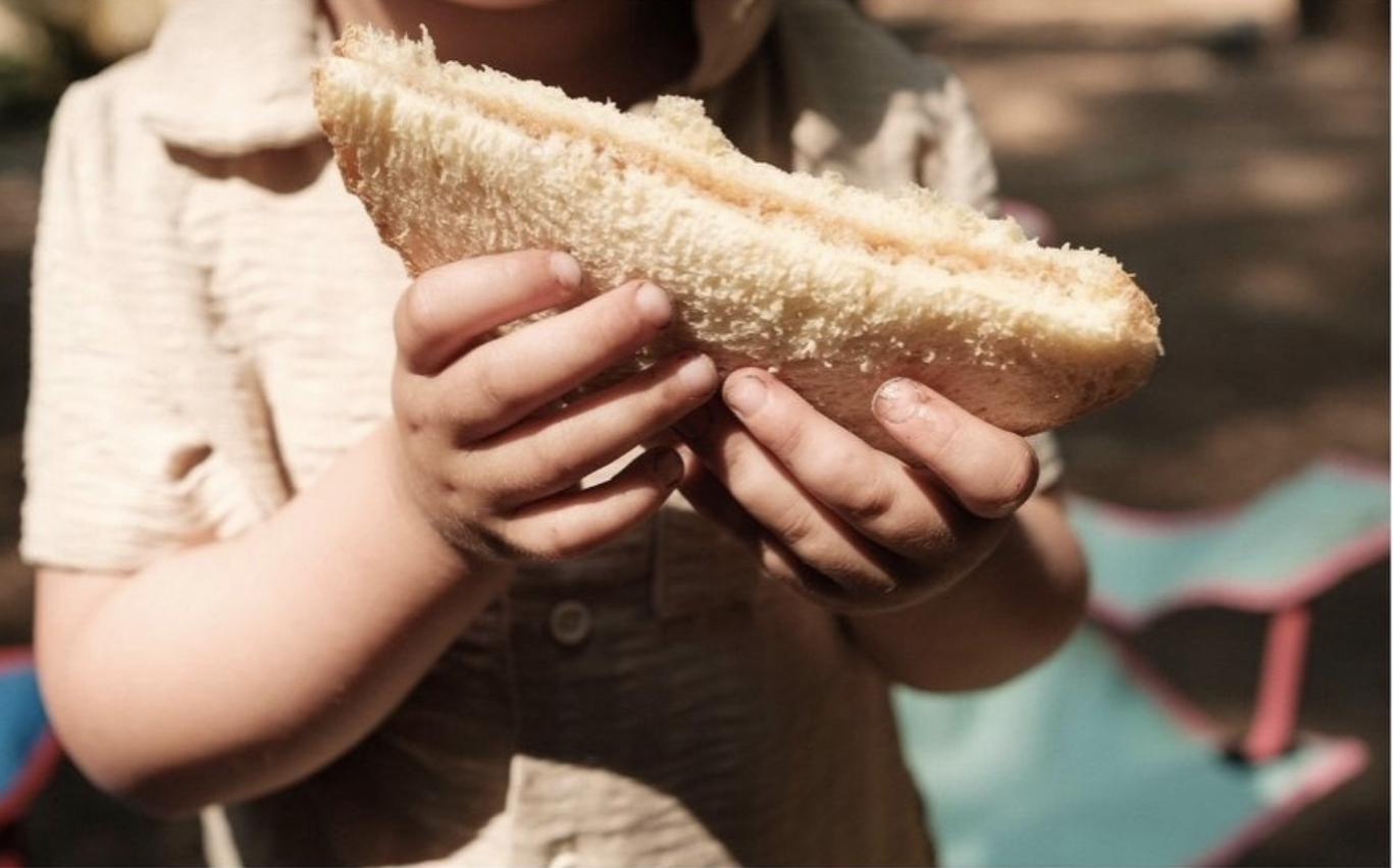 Child's hands holding a large sandwich with bread, ham, and cheese.