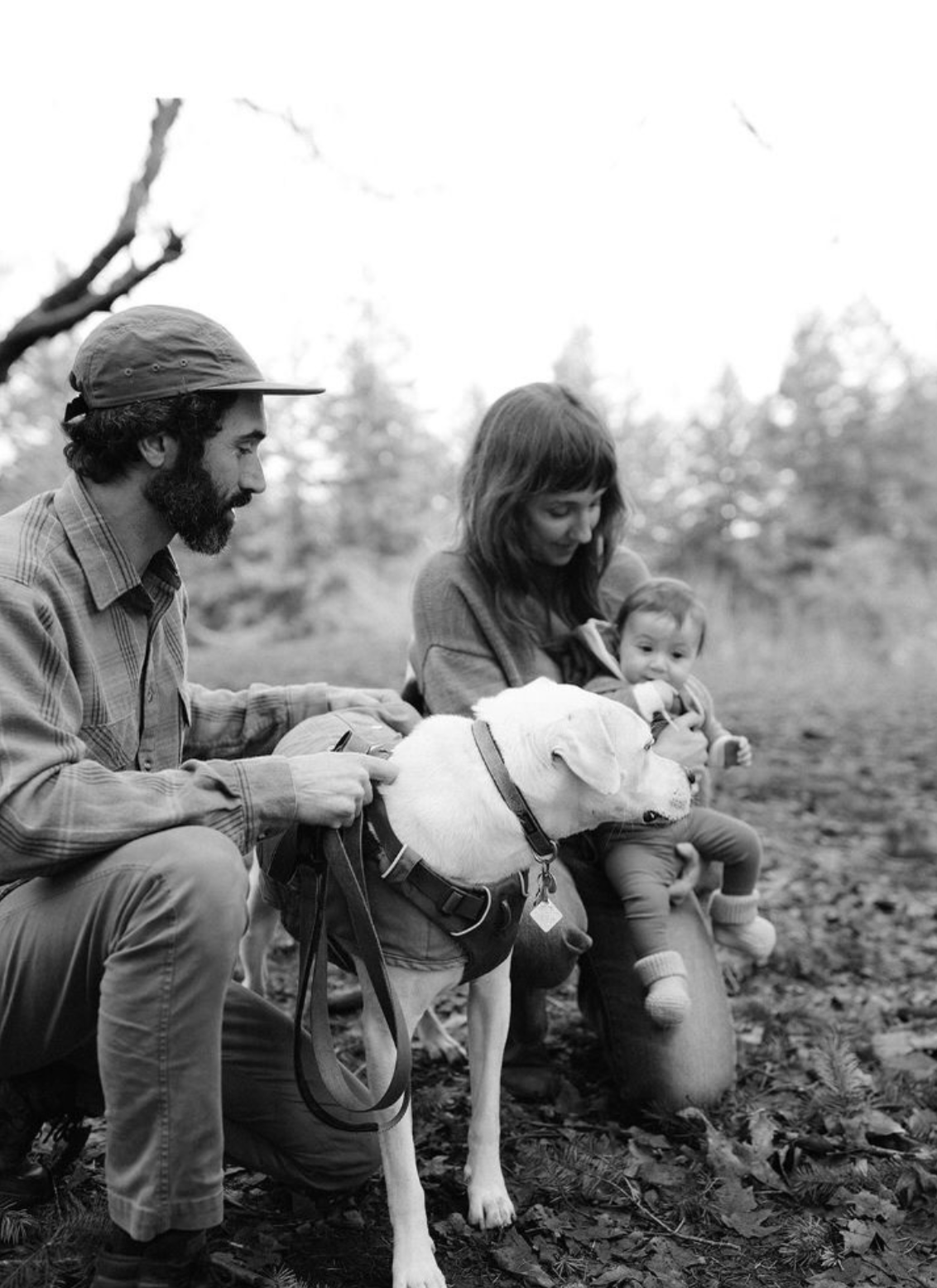 A family outdoors, with a man, woman, a small child, and a dog, sitting on the ground in a natural setting with trees in the background.