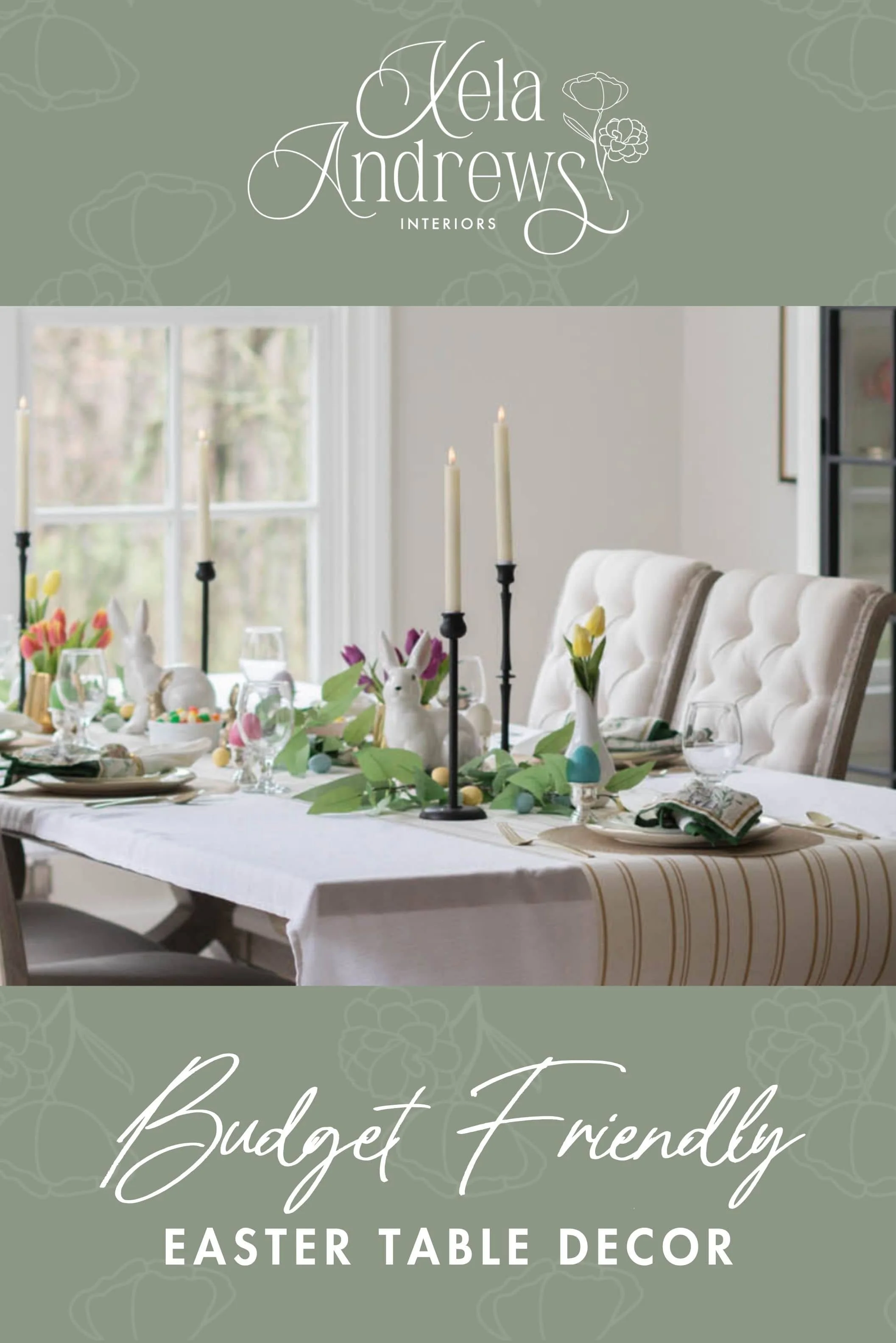 Pinterest pin graphic of an Easter tablescape, with the text "Budget friendly Easter table decor".