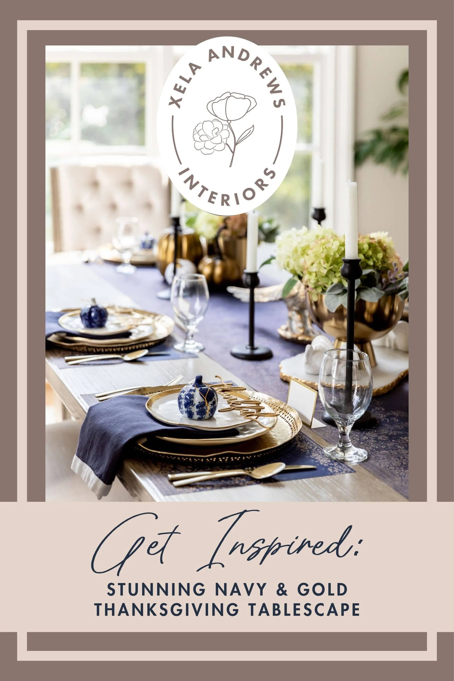 A dining room table set for navy and gold tablescape