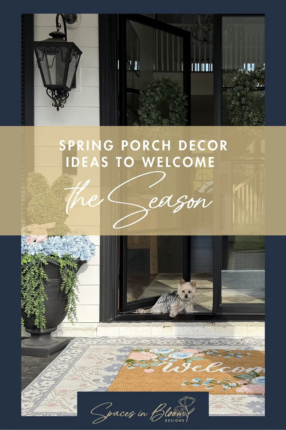 A graphic showcasing spring porch decor ideas to welcome the season with hydrangeas and greenery.