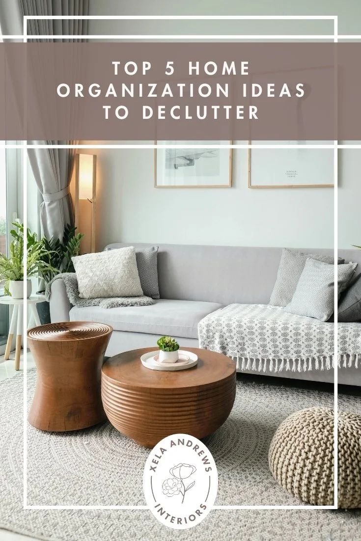 Home organization ideas Pinterest graphic with living room and decluttering tips text overlay.