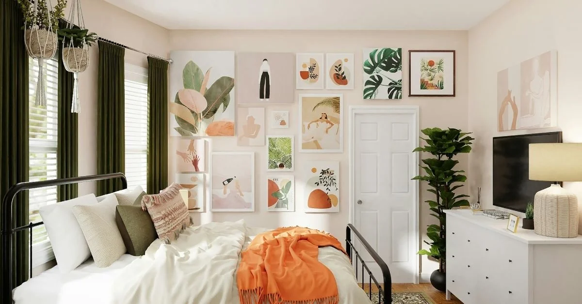 Feature wall college dorm room decorating with framed prints and curated dorm room decor essentials.