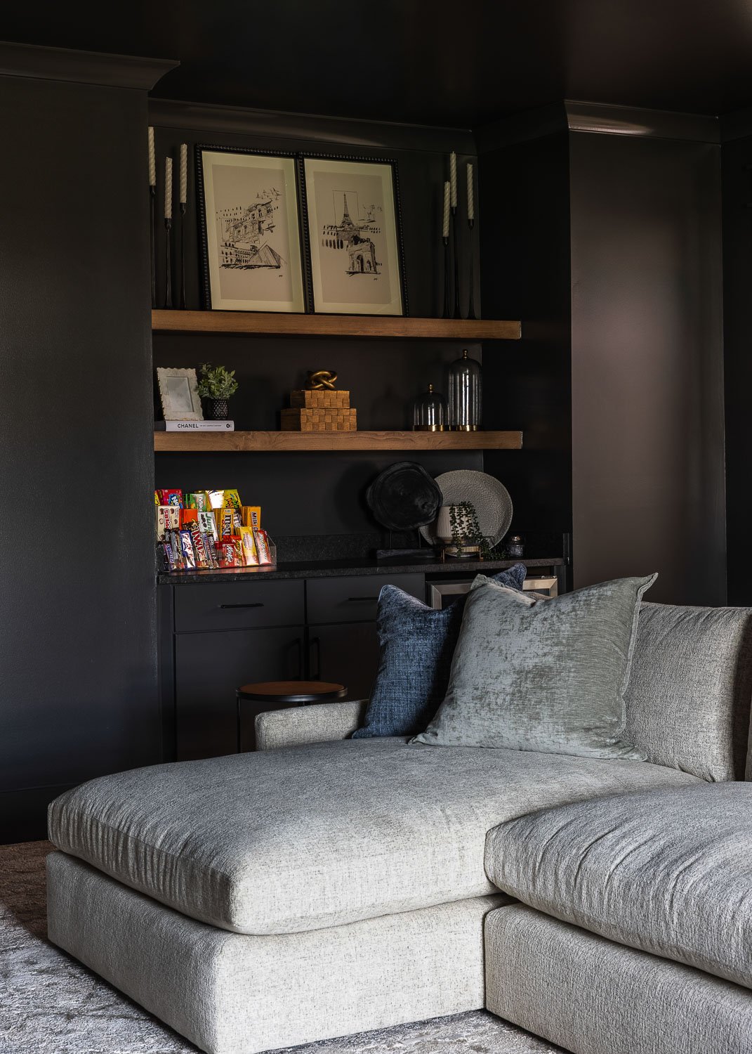 Creating a cozy media room with shelves.