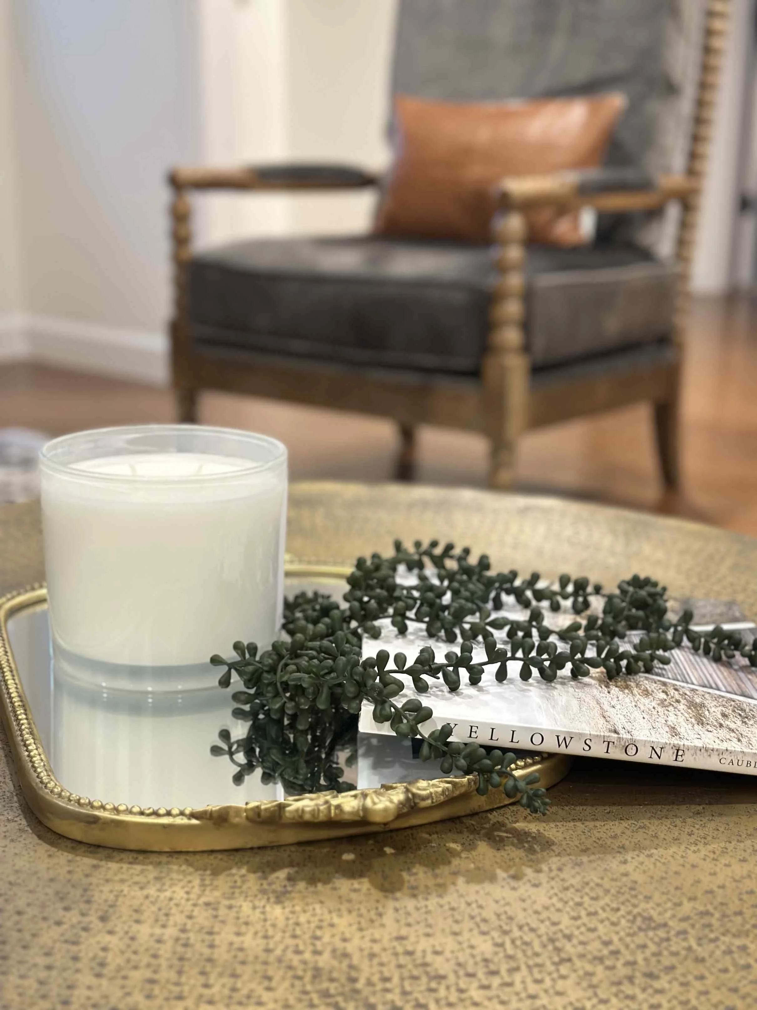Easy interior decorating tip: coffee table vignette with brass tray, white candle, trailing succulent, and stacked coffee table book.