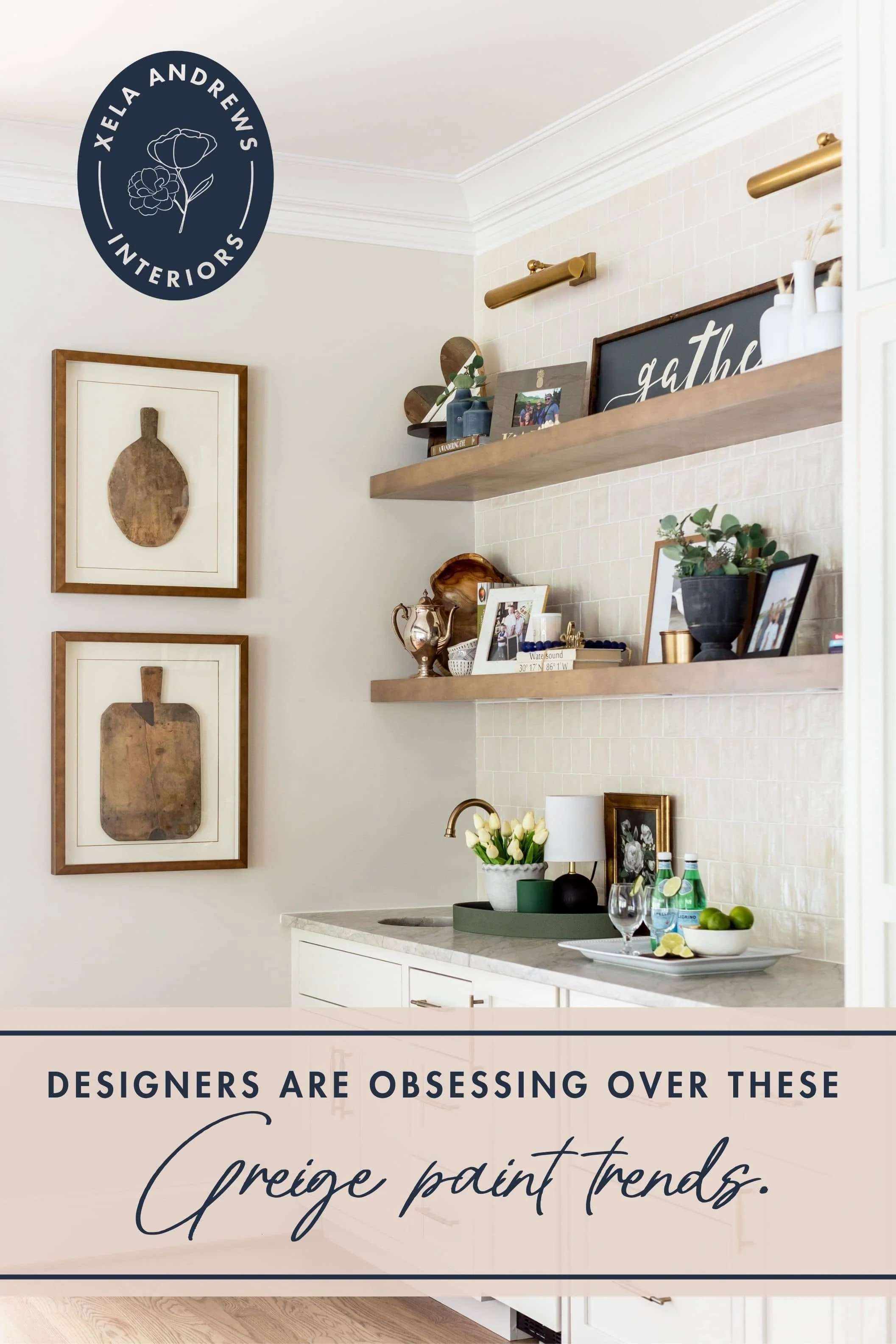 A Pinterest graphic of exposed kitchen shelves with the text "Designers are obsessing over these greige paint trends".