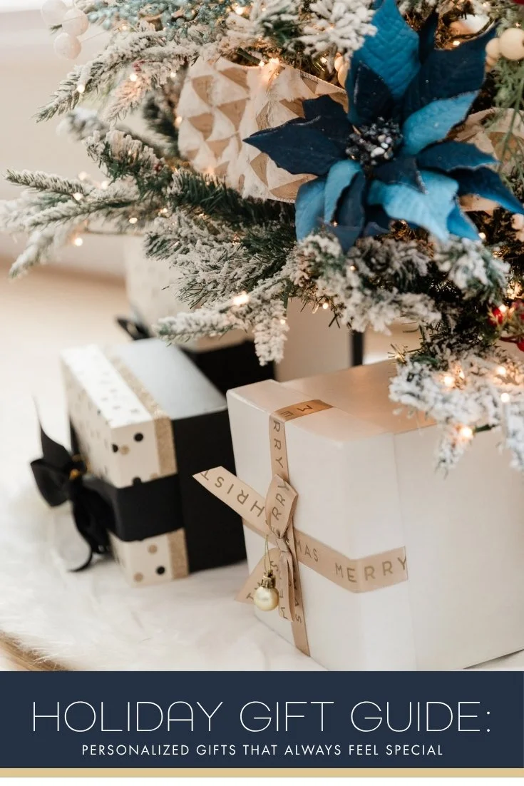 Pinnable holiday gift guide with Christmas gift ideas for men and women near decorated tree.