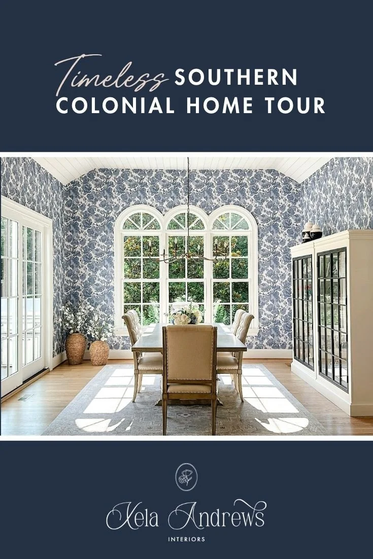Southern colonial style home tour featuring elegant dining room with blue wallpaper and architectural details.