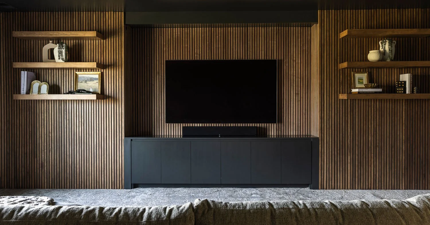 Nashville media room inspiration with wood slats.
