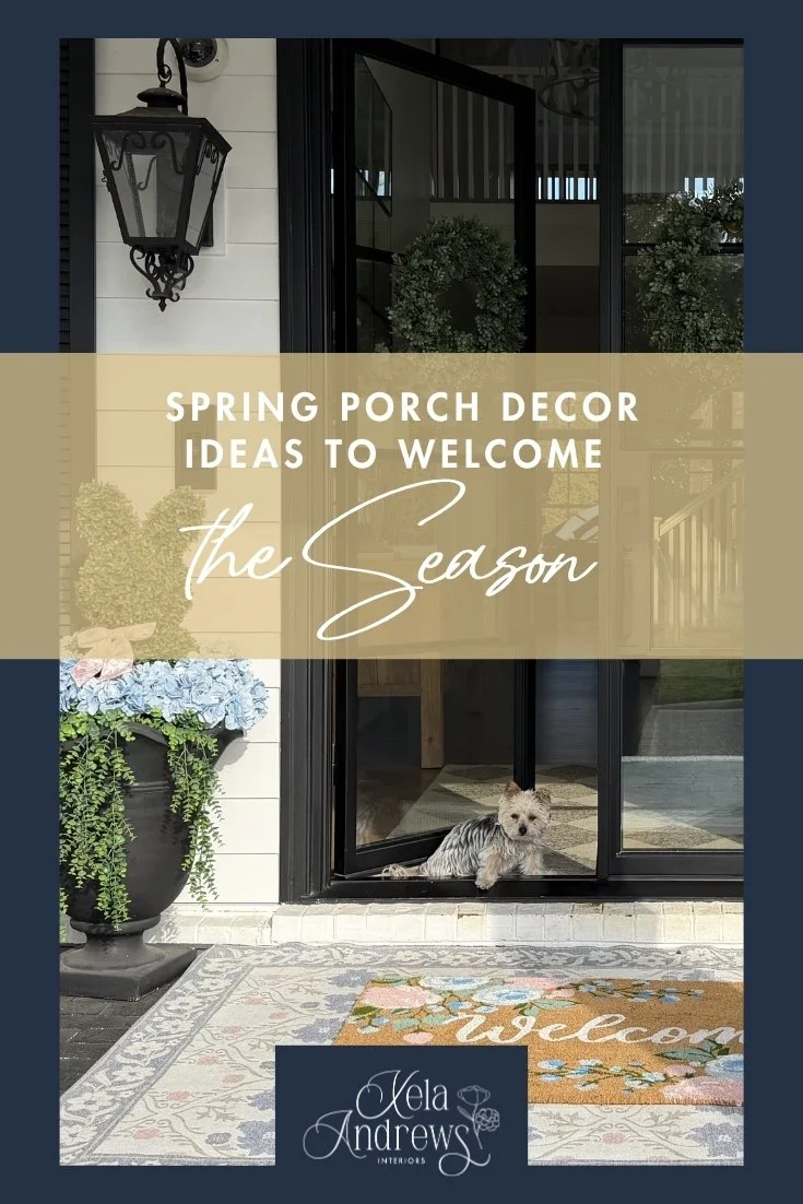 A graphic showcasing spring porch decor ideas to welcome the season with hydrangeas and greenery.