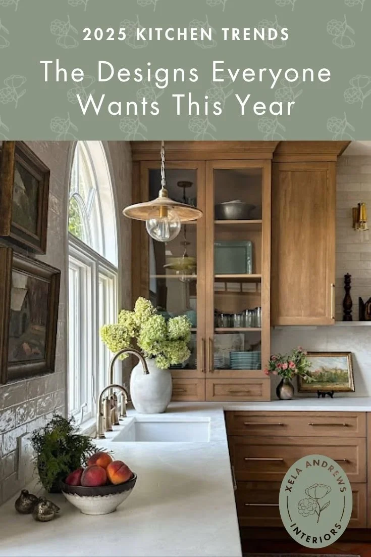 Warm wood-toned stained cabinets with glass-front details, highlighting 2025 kitchen design trends.