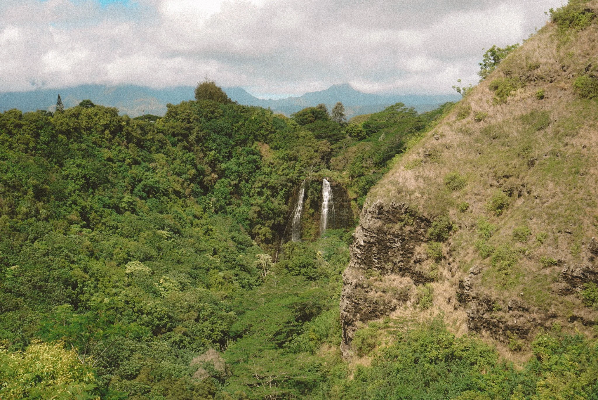 A lush green forest with a waterfall cascading down a rocky cliff in the distance, with mountains and cloudy sky in the background.
