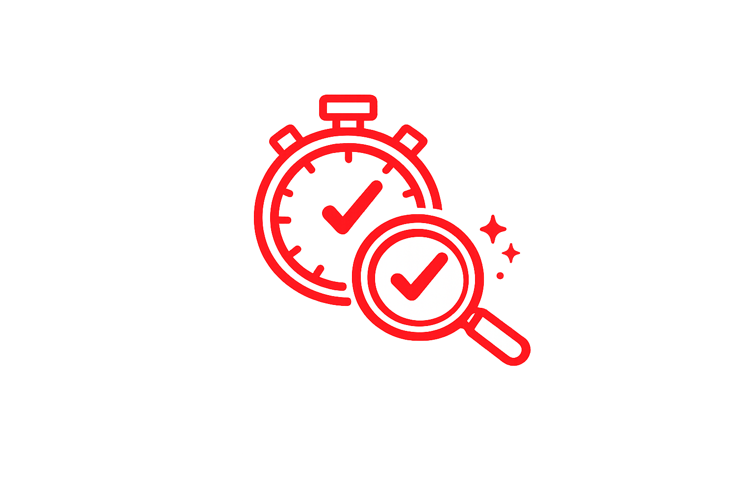 Red stopwatch and magnifying glass icon representing curing time and final quality inspection.