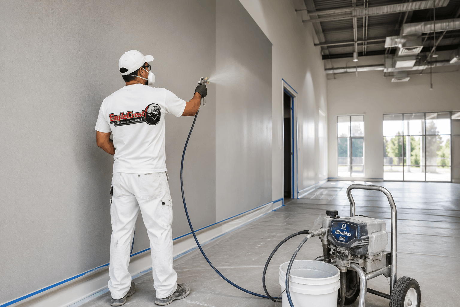 Professional EagleCrest painter using an airless spray system to apply a smooth grey finish inside a commercial building, with floors and trim fully protected during the project.