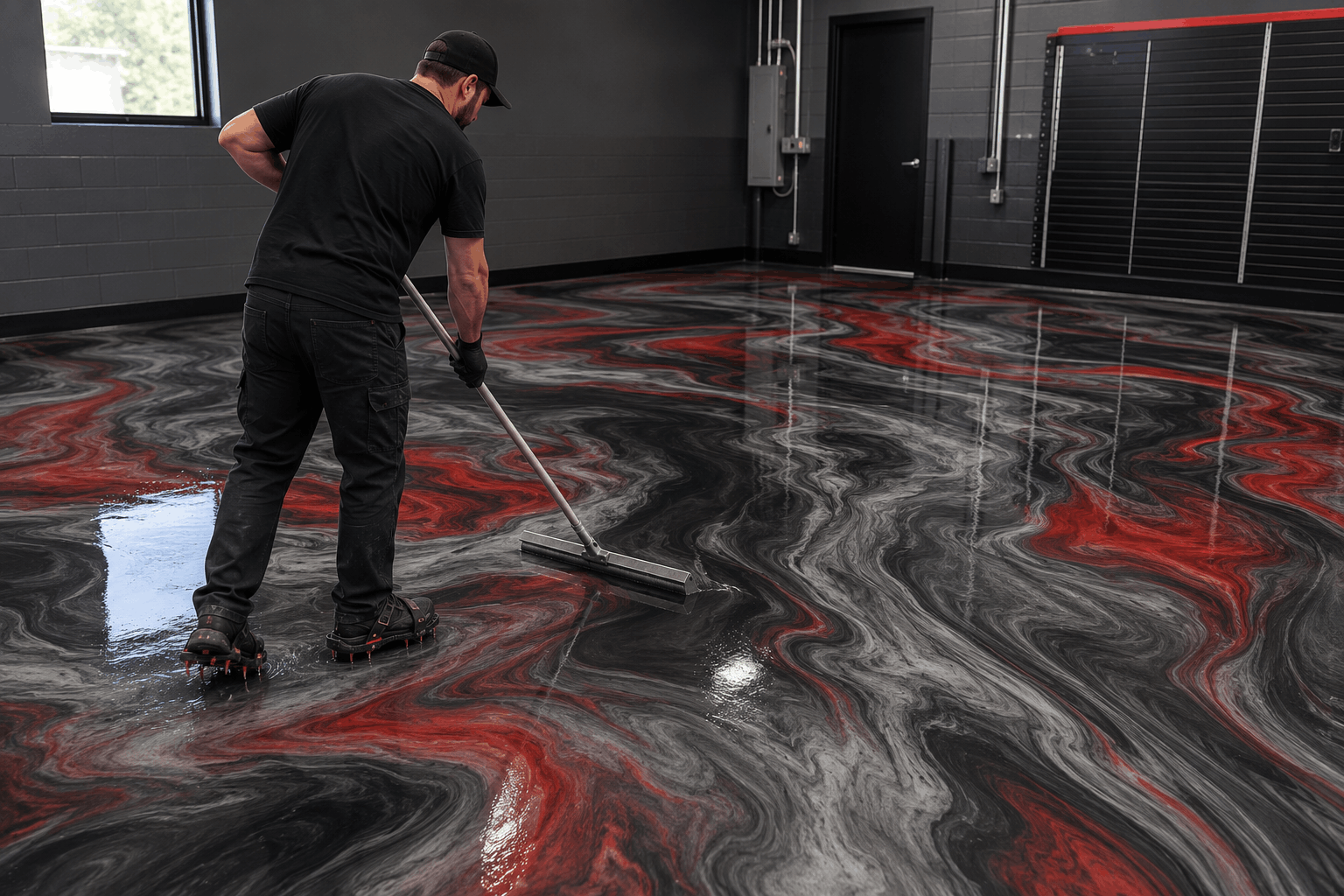 Professional flooring installer applying a glossy grey, black and red metallic swirl epoxy finish inside a modern industrial garage.