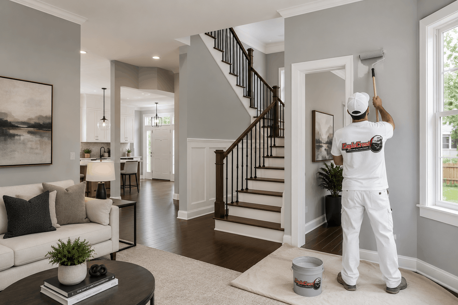 Professional EagleCrest painter applying subtle grey paint to the interior wall of a bright modern home with white trim, dark hardwood floors and contemporary furnishings