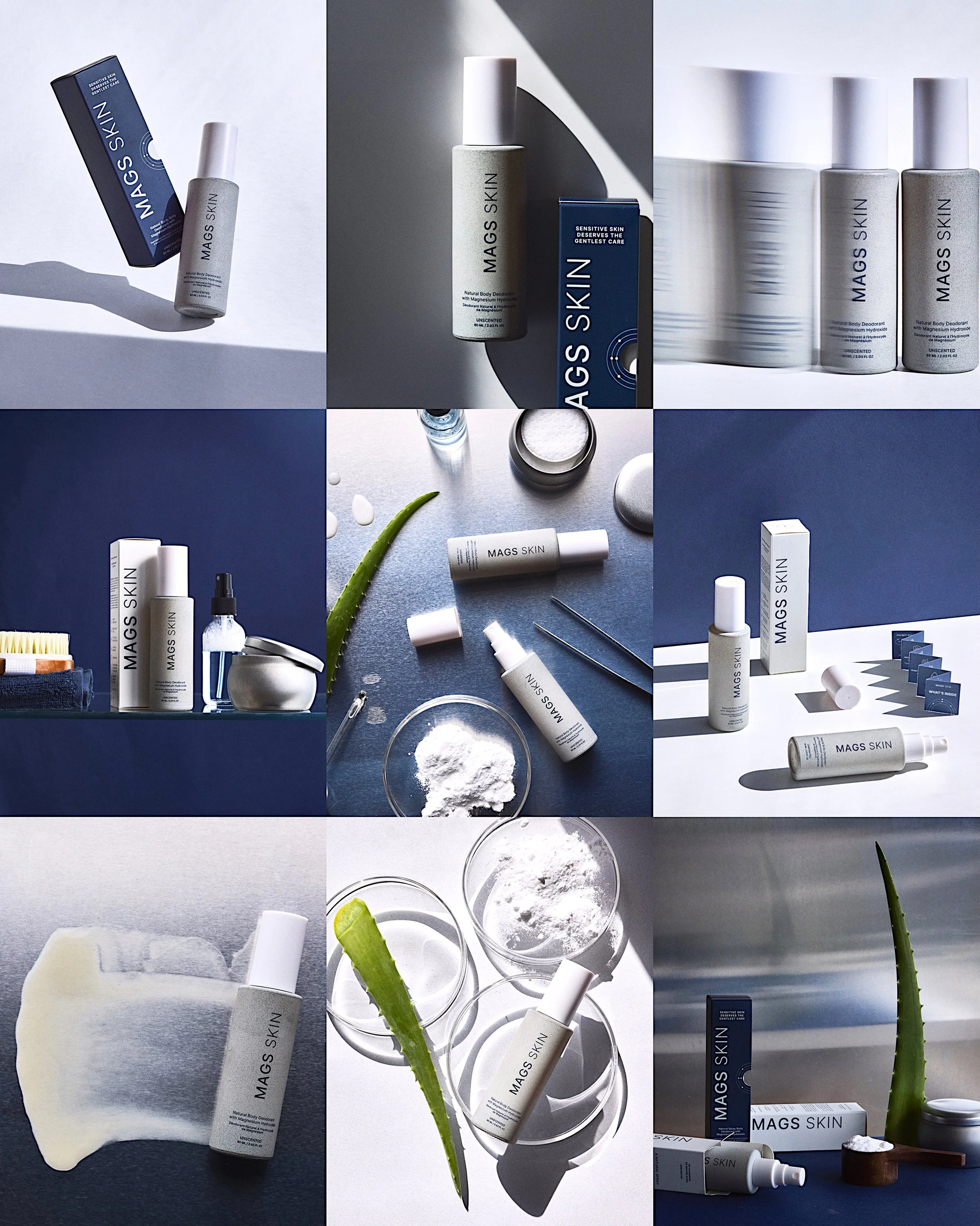 Collage of skincare products from MAGS SKIN in blue and white packaging, with bottles, creams, powders, and tools plus aloe vera leaves in a modern, minimalist setting.