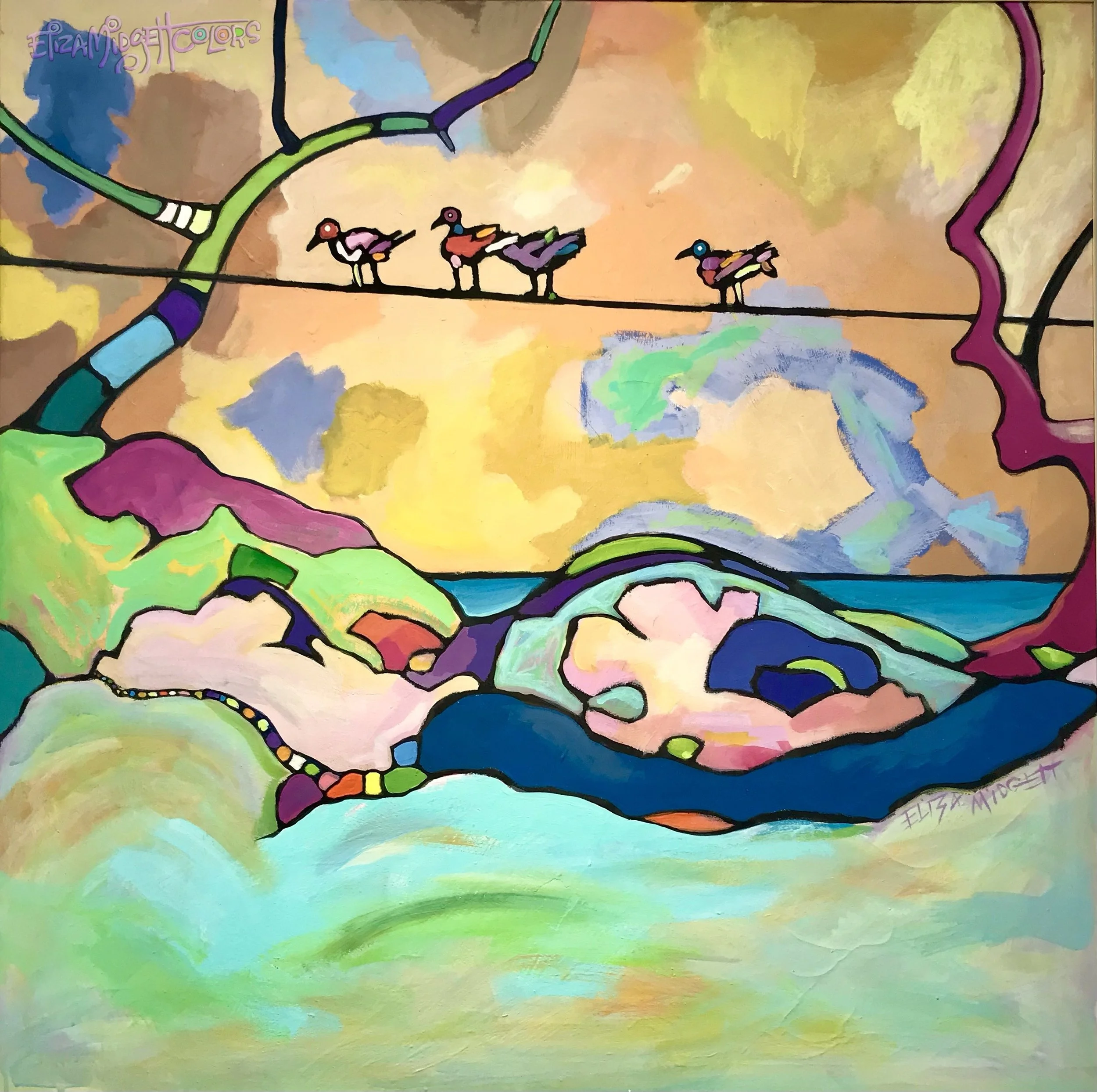 Free as a Pink Bird. SOLD
 Symbolizes being free of whatever has entangled you, the pastel hues and golden sky  feel happy, as if the storm has finally lifted. What is freer than a pink bird?
Original Sold, giclee's available.