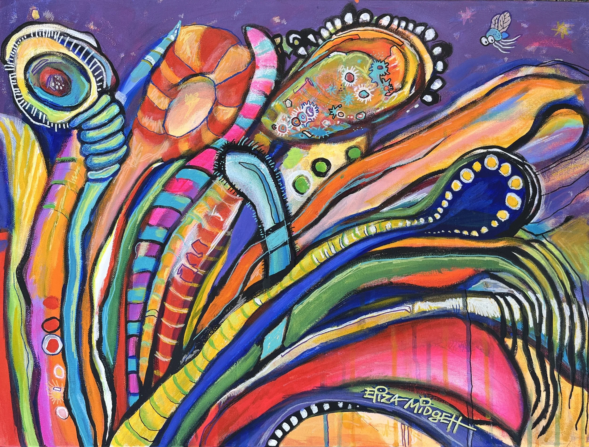 *the tangle
18 x 24
Sold
A tiny, terrified fly is swept into a swirling maze—my surreal take on sea oats. I grew up on sand dunes, and that wild, windblown motion has never left me. It drives me to paint sea oats in my own way—bold stripes, tangled c
