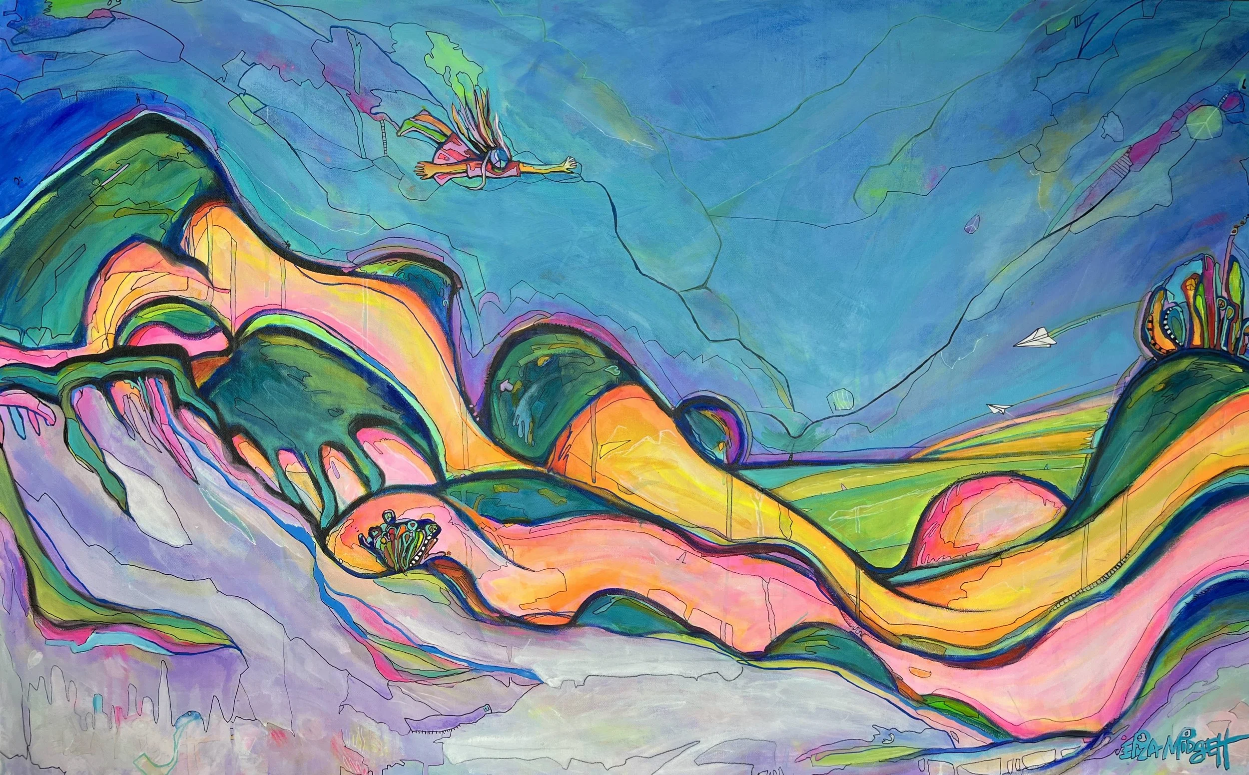 Free Dreams
30 x 48
Escape into the vivid world of Free Dreams, where color and movement collide in a surreal dance of imagination. This whimsical painting captures the artist soaring over rolling sand dunes, weightless and free, embracing the magic 