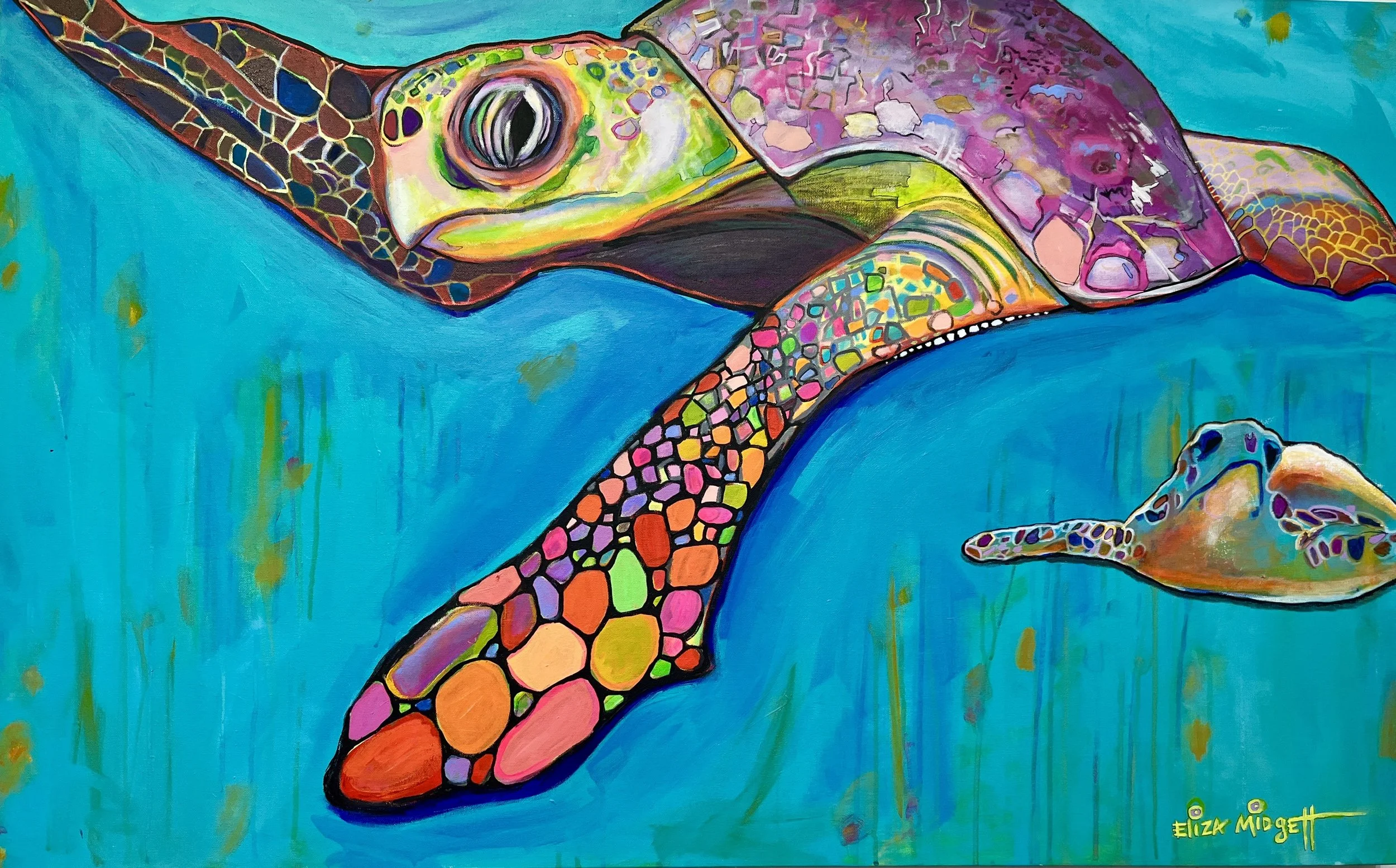 *Turtle Love
30 x 48 framed $3400.
*available
Turtle Love
 plays with scale, pattern, and movement in a stylized interpretation of sea life. The pairing of two turtles is a quiet connection between mother and hatchling. The forms are exaggerated and 