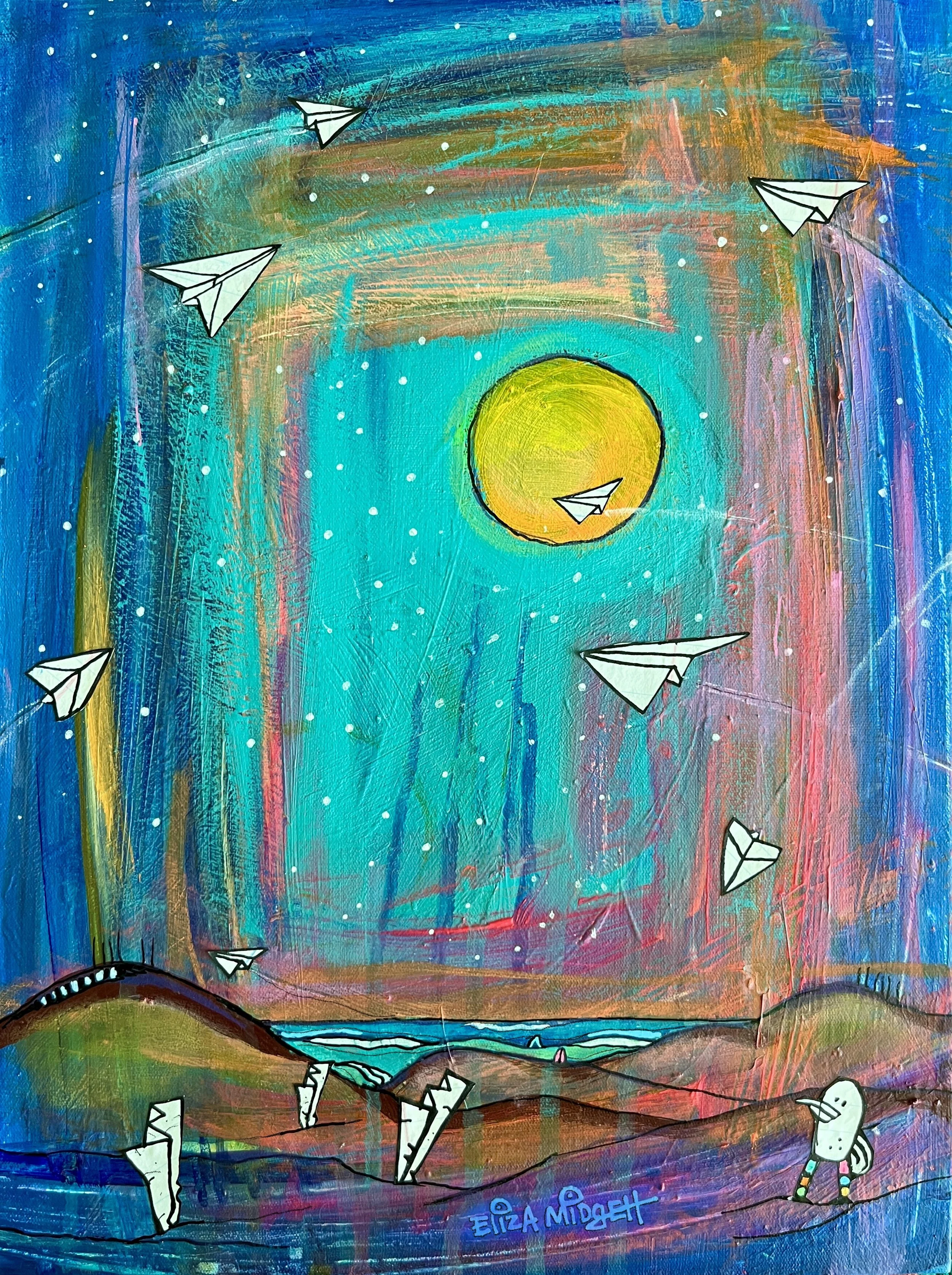 Tryin’
10 x 14

SOLD

This lonely seagull wonders when things will feel okay again.
He looks to the sky—hoping, wishing on a star.
Crashed planes. Soaring planes. And others just trying to find their way.
Disappointment is certain, and some days, he 