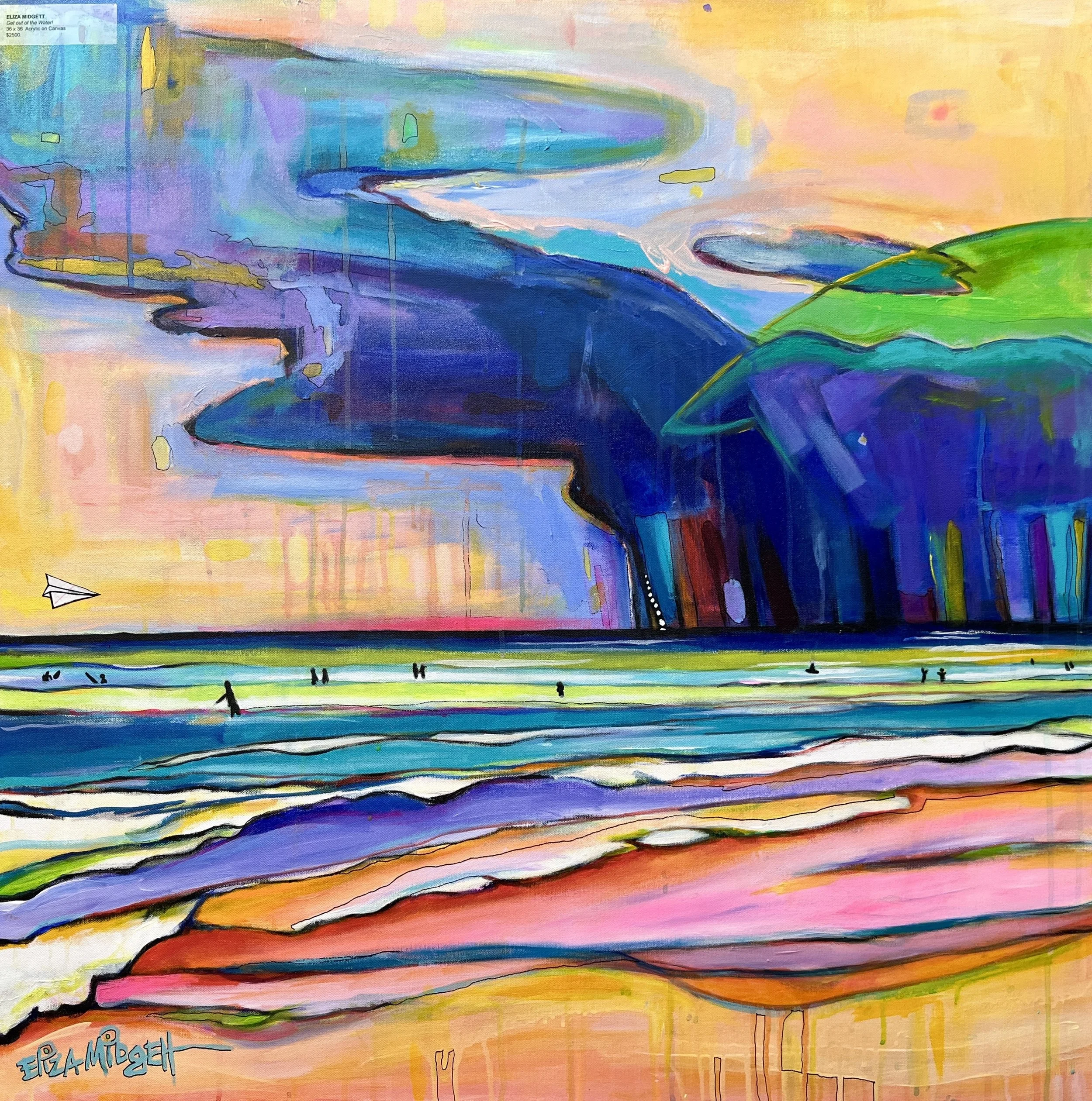 *Color Break
36 x 36
*available
Color Break" offers a vibrant dive into color, capturing an abstract beach scene's energy. Surfers float on their boards, waiting for a break, as a storm gathers in the distance. Figures linger along the shore, barely 