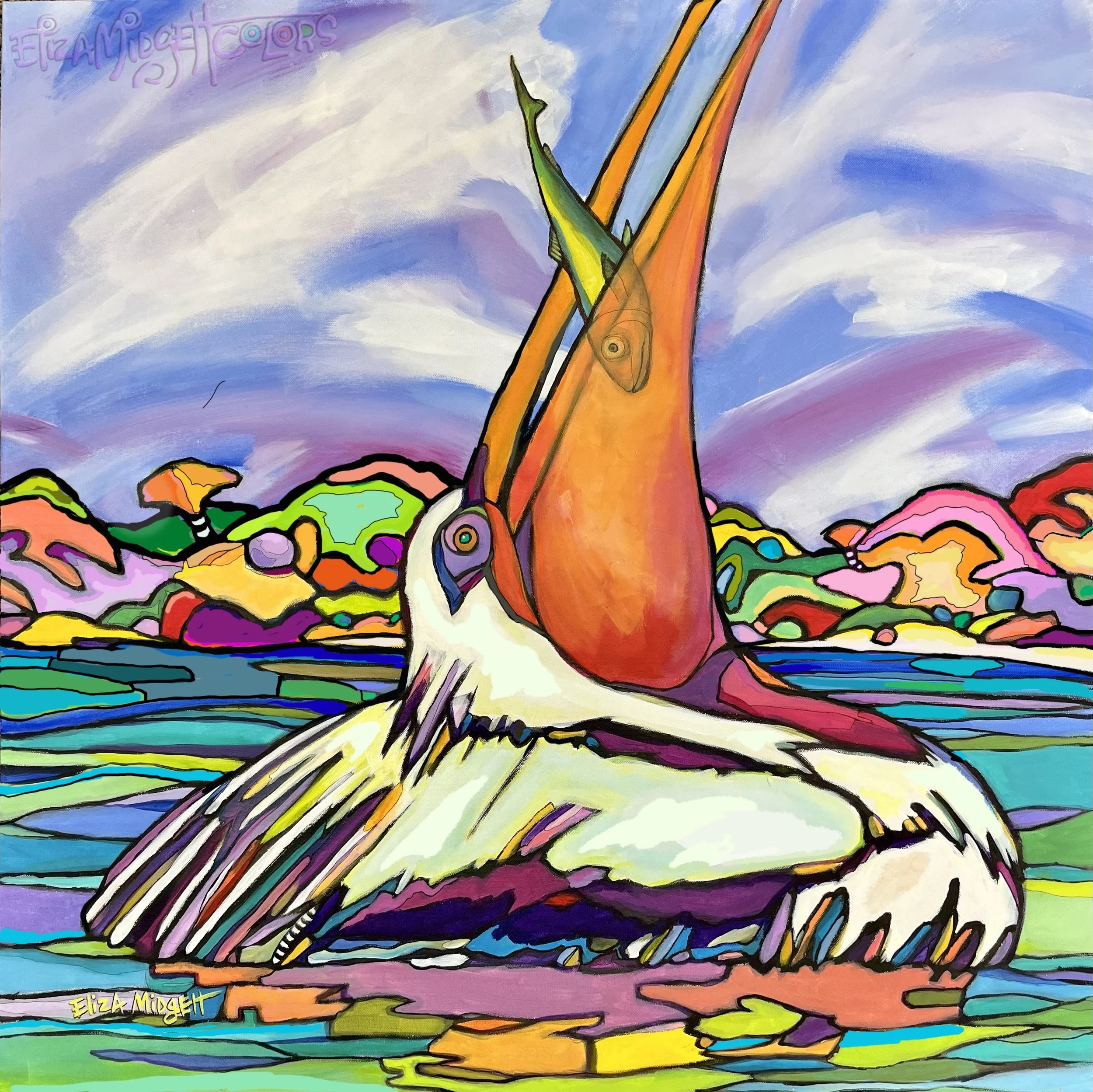 Help! A translucent demise SOLD
Poor fish, happy pelican, circle of life going on here. It was fun to work on transparency so the fish's eyes "pop" through the pelican's gullet.
Original Sold, giclee's available.