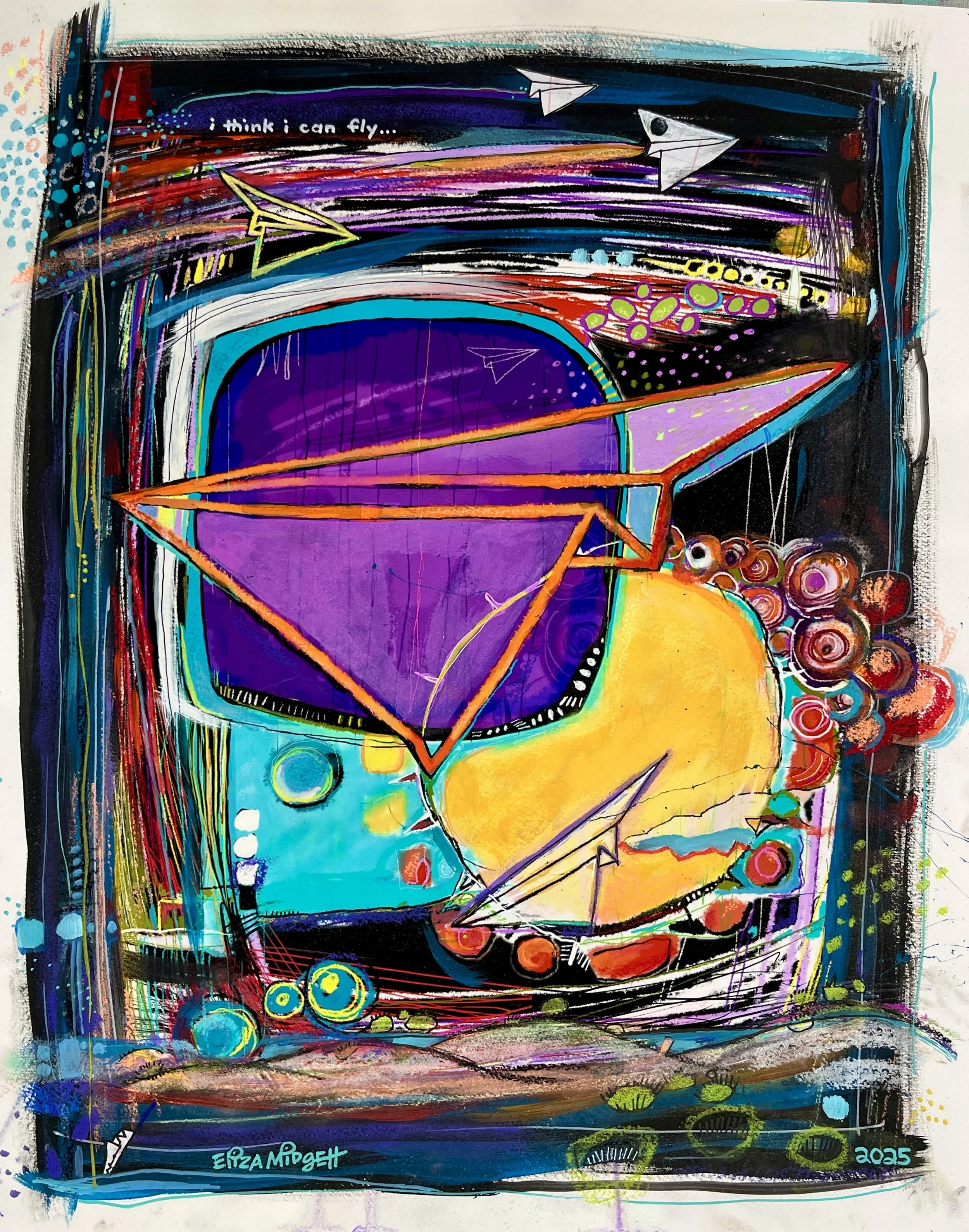 i think i can fly…
16 x 20 mixed media on paper
Award winner SOLD

A sweeping tangle of color, line, and longing—this piece holds the
ache of wanting more. Amid the chaos, paper airplanes fly through
the night like fragments of hope.
Full of strange 