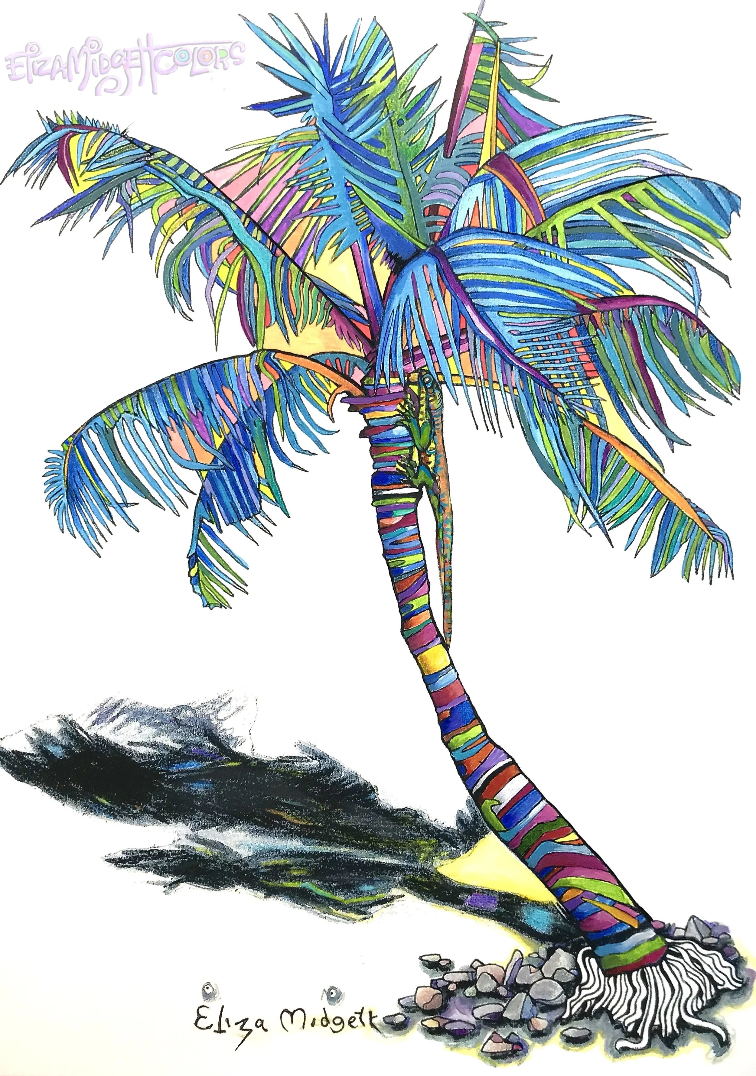 Lizard’s Colorful Day SOLD
The iguana is having a very colorful day indeed, as he travels up this uniquely colored palm tree.
Original Sold, giclee's available.