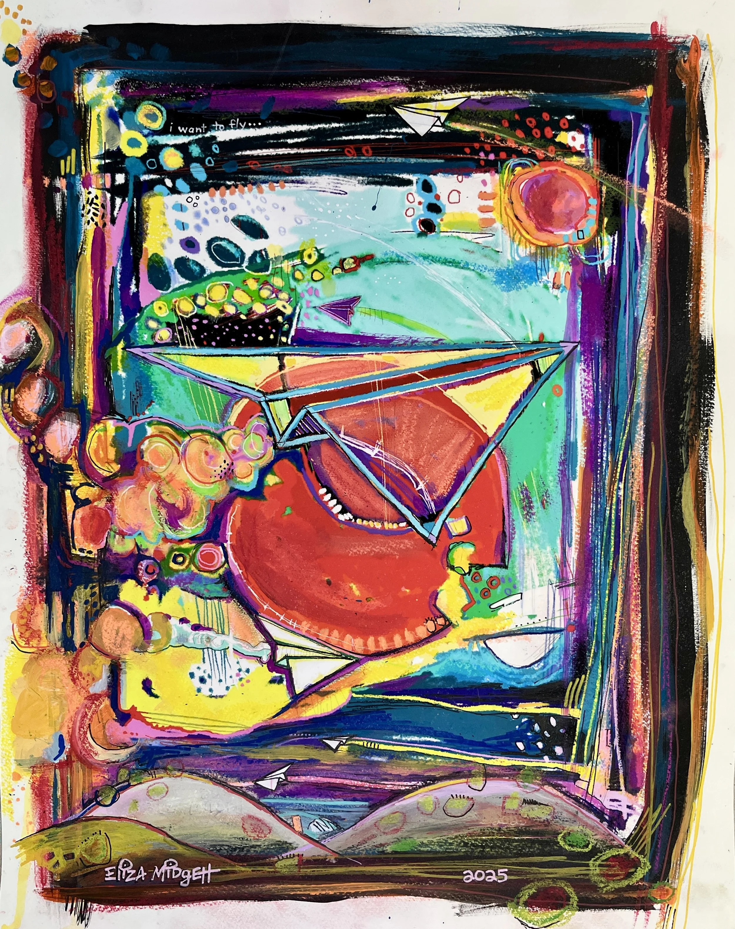 i want to fly…
16 x 20 mixed media on paper $320
Sold.
Bold and blazing, this piece bursts with color and wild, tangled
shapes and lines. It’s loud, messy, and in motion—like life. In the
midst, fragile paper planes rise over the dunescape. Not becau
