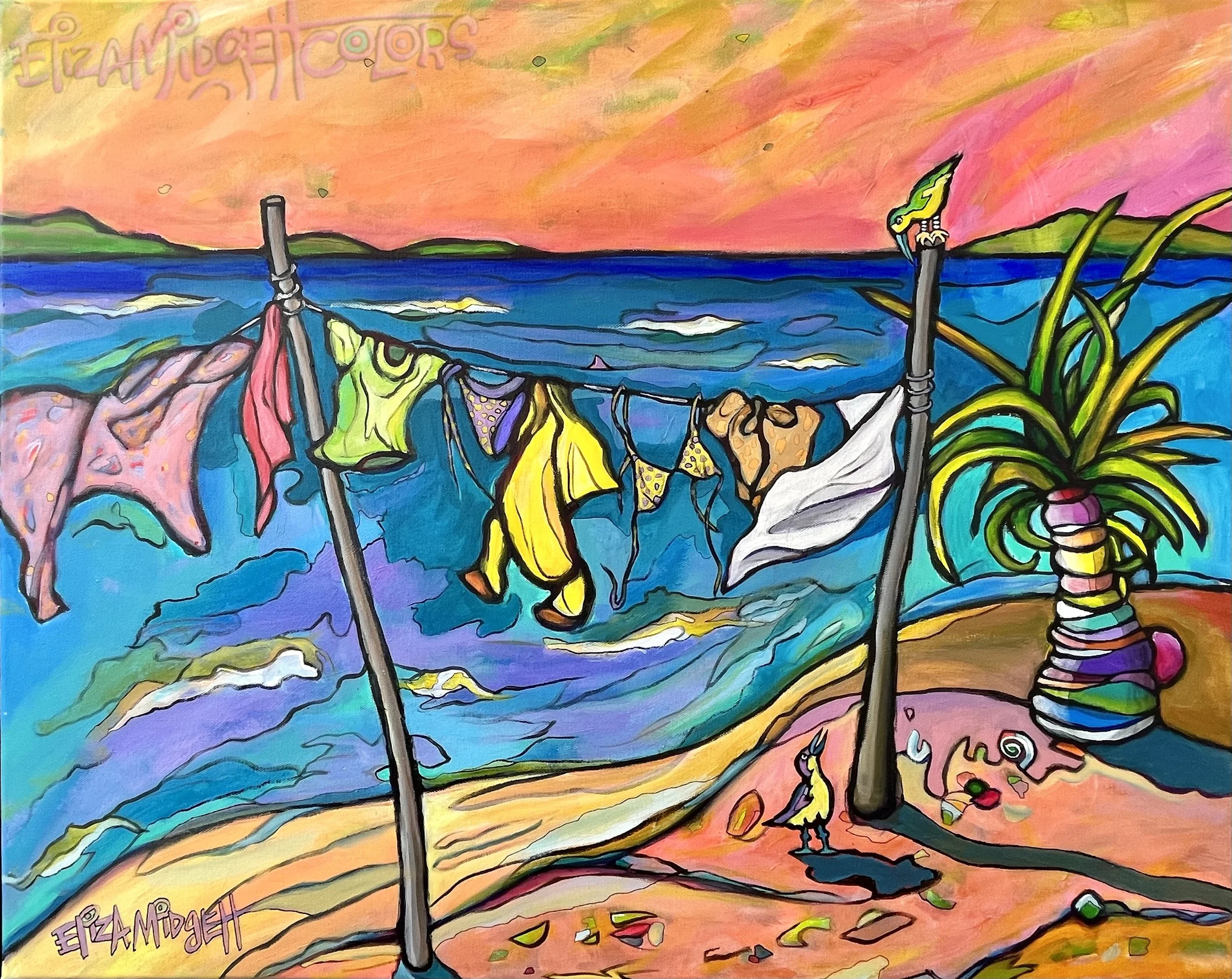 the Psychedelic Summer 
24 x 36 Acrylic on Canvas SOLD
For me, there is something special about clothes hanging on a line, blowing in the breeze. I used to help my grandmother bring in the towels that had baked in the sun all day. These 2 birds repre