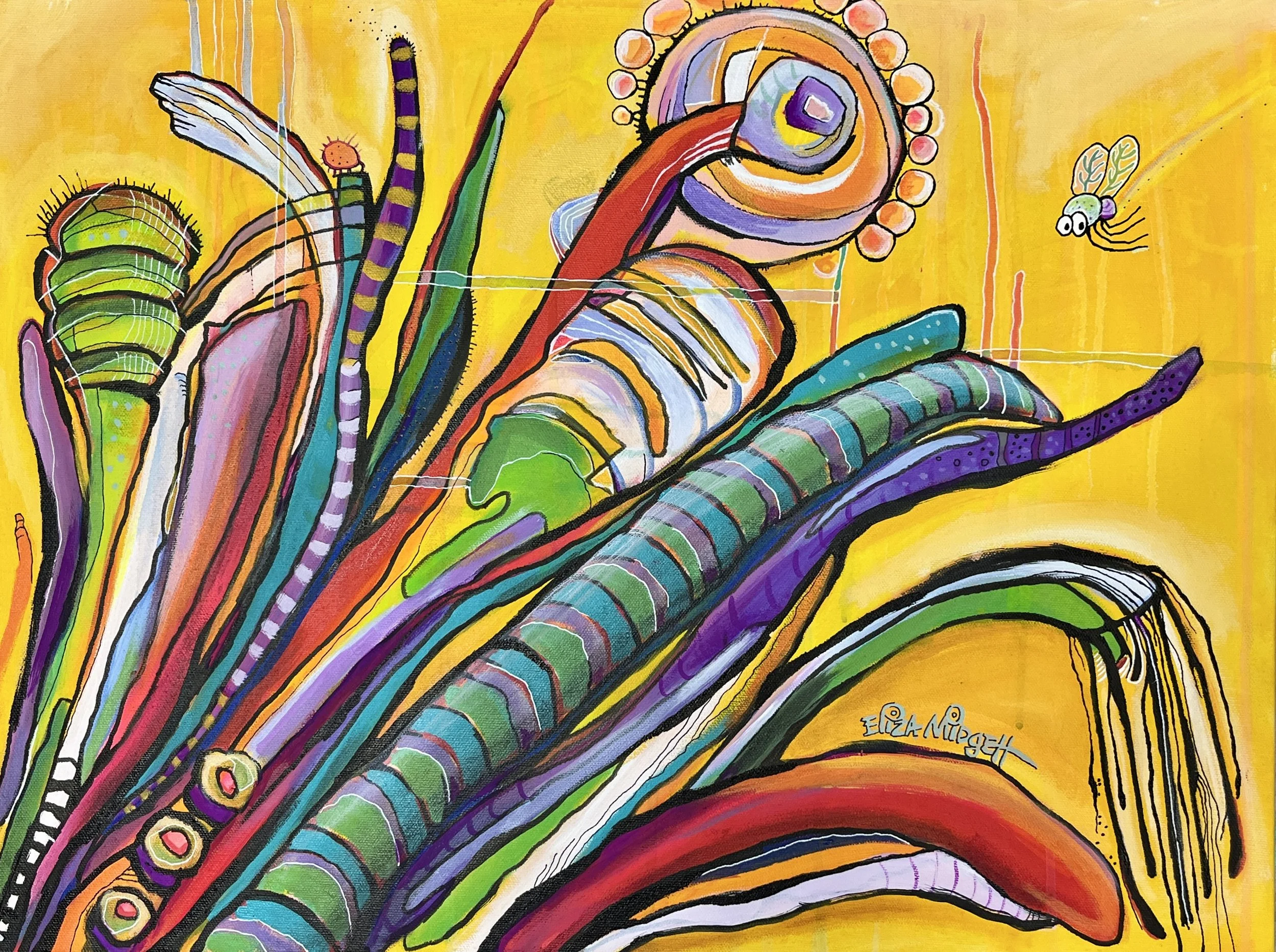 The tangle ll
18 x 24
Sold
In The Tangle II, a tiny, terrified fly is once again swept into a wild maze—this time under blazing daylight. My surreal take on sea oats comes alive against a radiant yellow sky. I grew up on sand dunes, and that wind-whi