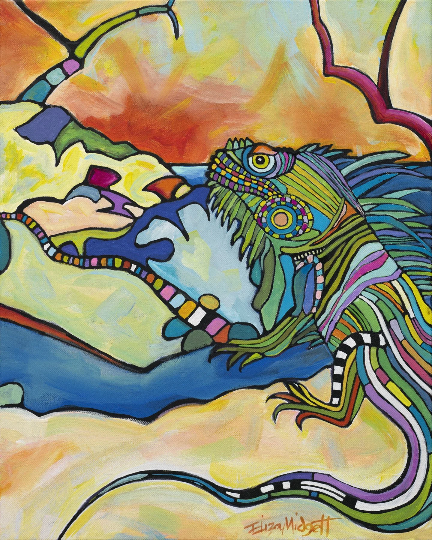 Iguana's Early Orange Morning
Acrylic on Canvas SOLD
The iguana arose early to see the colors on the horizon, but his cool striped suit rivals anything on the beach.
Original Sold, giclee's available.