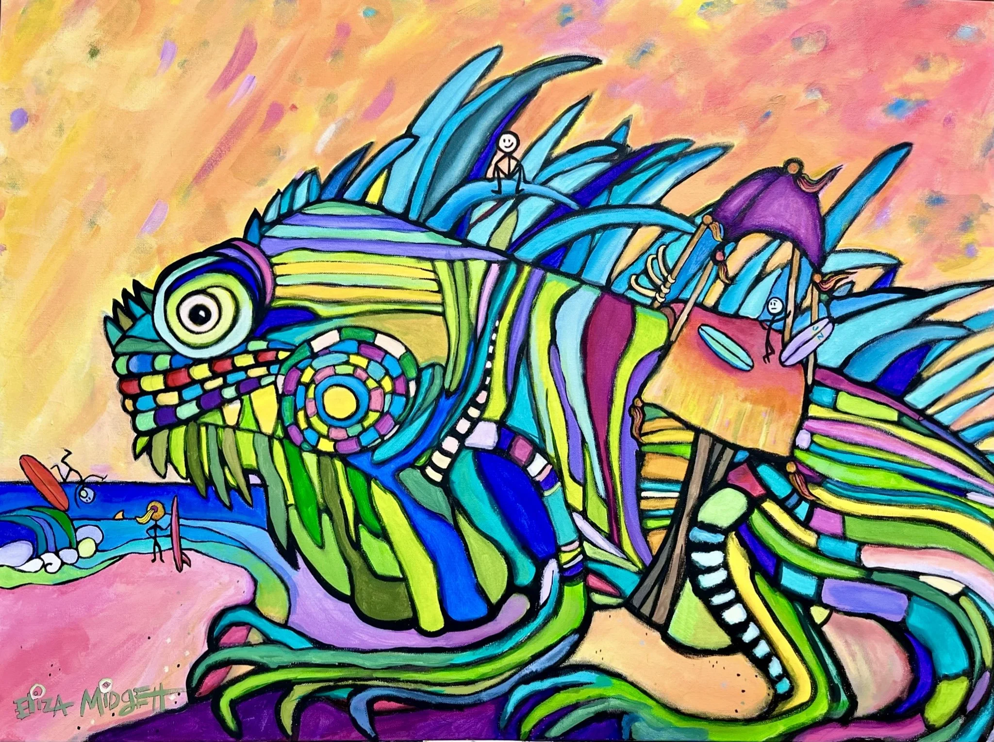 Iguana's Surf Taxi
30 x 40 $2,500
Acrylic on Canvas 
This colossal iguana performs his community service hours by transporting these stick people to the jetty at sunrise. He grumpily glows in beautiful colors.
Original Sold, giclee's available.