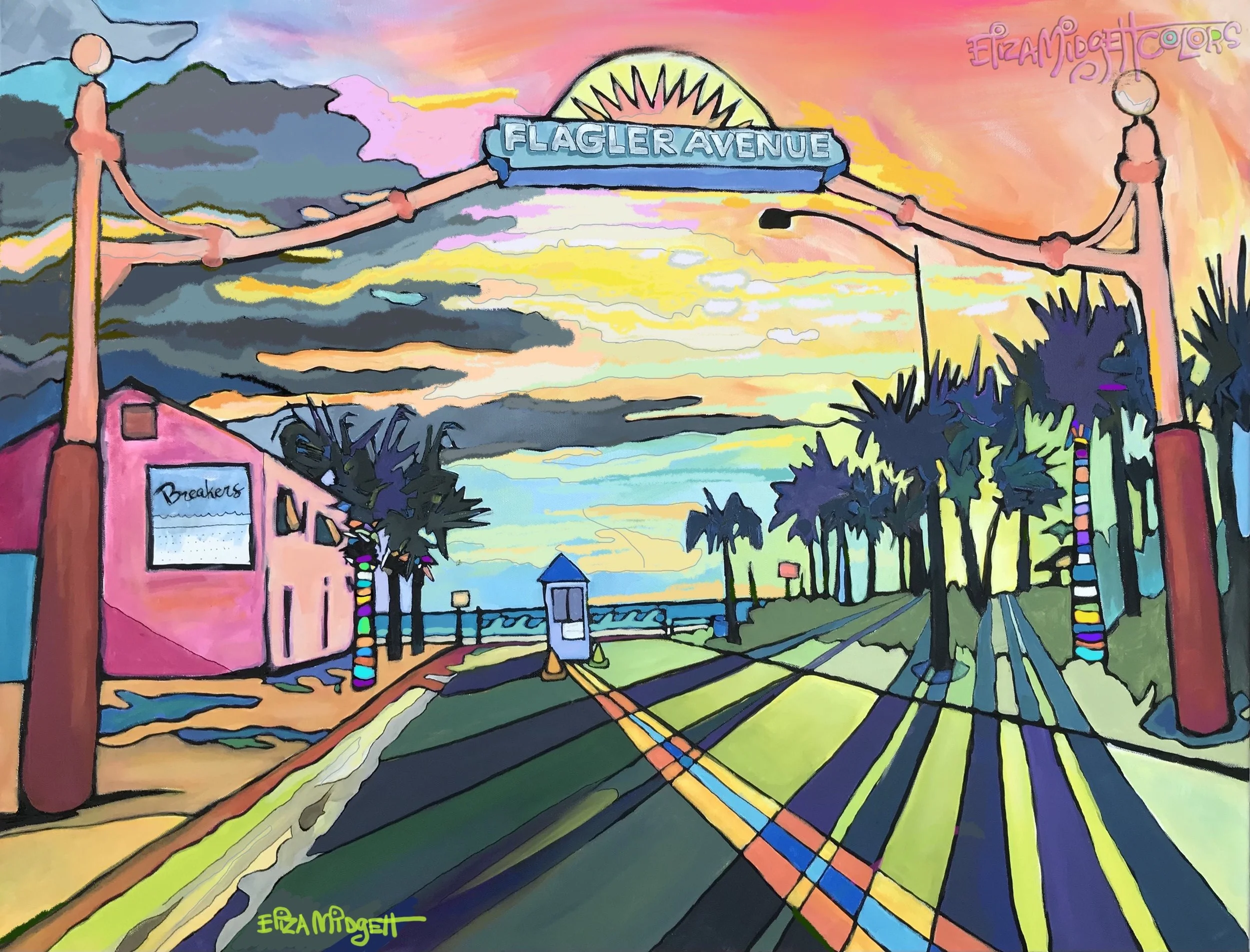 *Flagler Avenue Sunrise 
Giclee’ on canvas
24 x 30 
$1000. SOLD
*Available*
Iconic view of the Breakers & Flagler Avenue looking towards the ocean. My favorite thing about it is the way the lines in the middle of the street change into a colorful pla