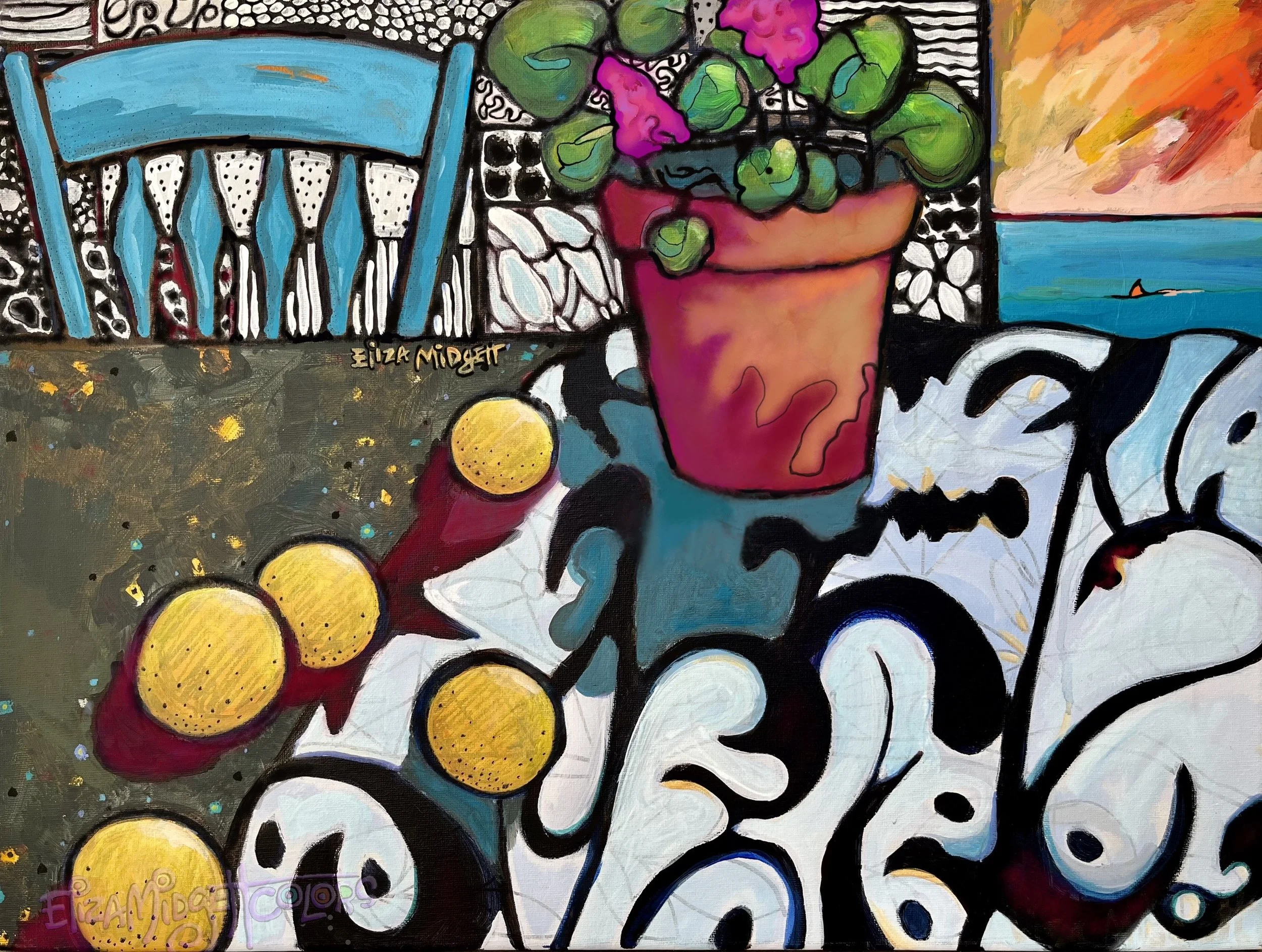 Orange Problems. SOLD
Inspired by Matisse, the "problem" is that the oranges are rolling off the table. Orange is an emotional color.
Original Sold, giclee's available.