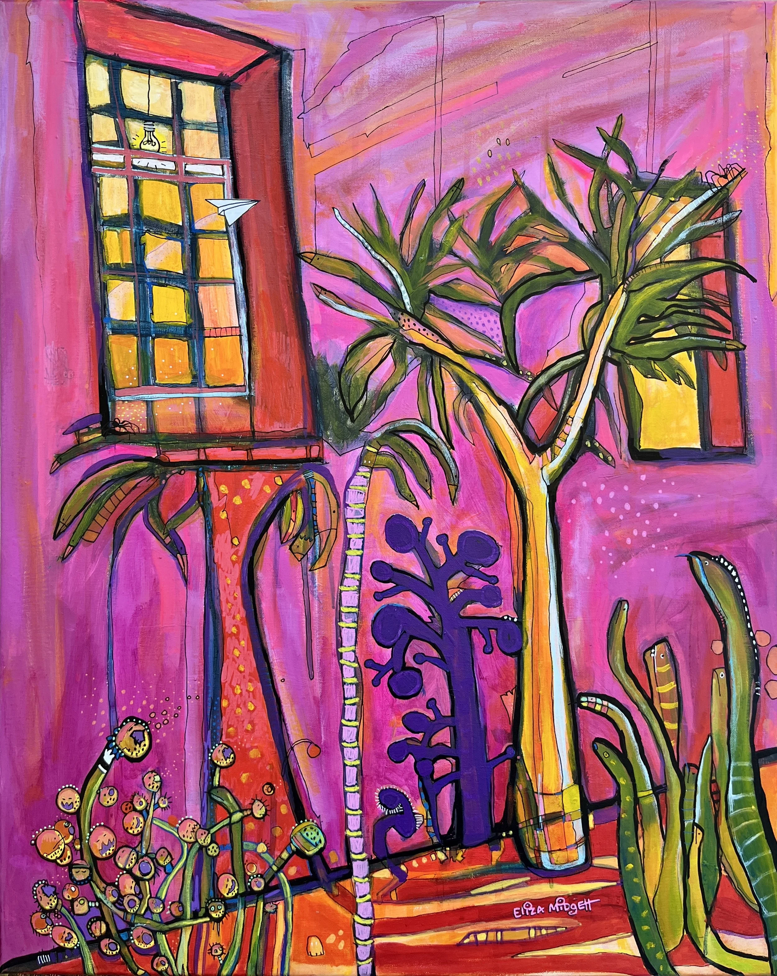 Plants do talk back
Available
24 x 30 with handcrafted wood frame
This mysteriously vibrant scene takes place just outside the window where the plants are having an argument. I’ll let you figure it out. 
2nd in escape of the spiders series