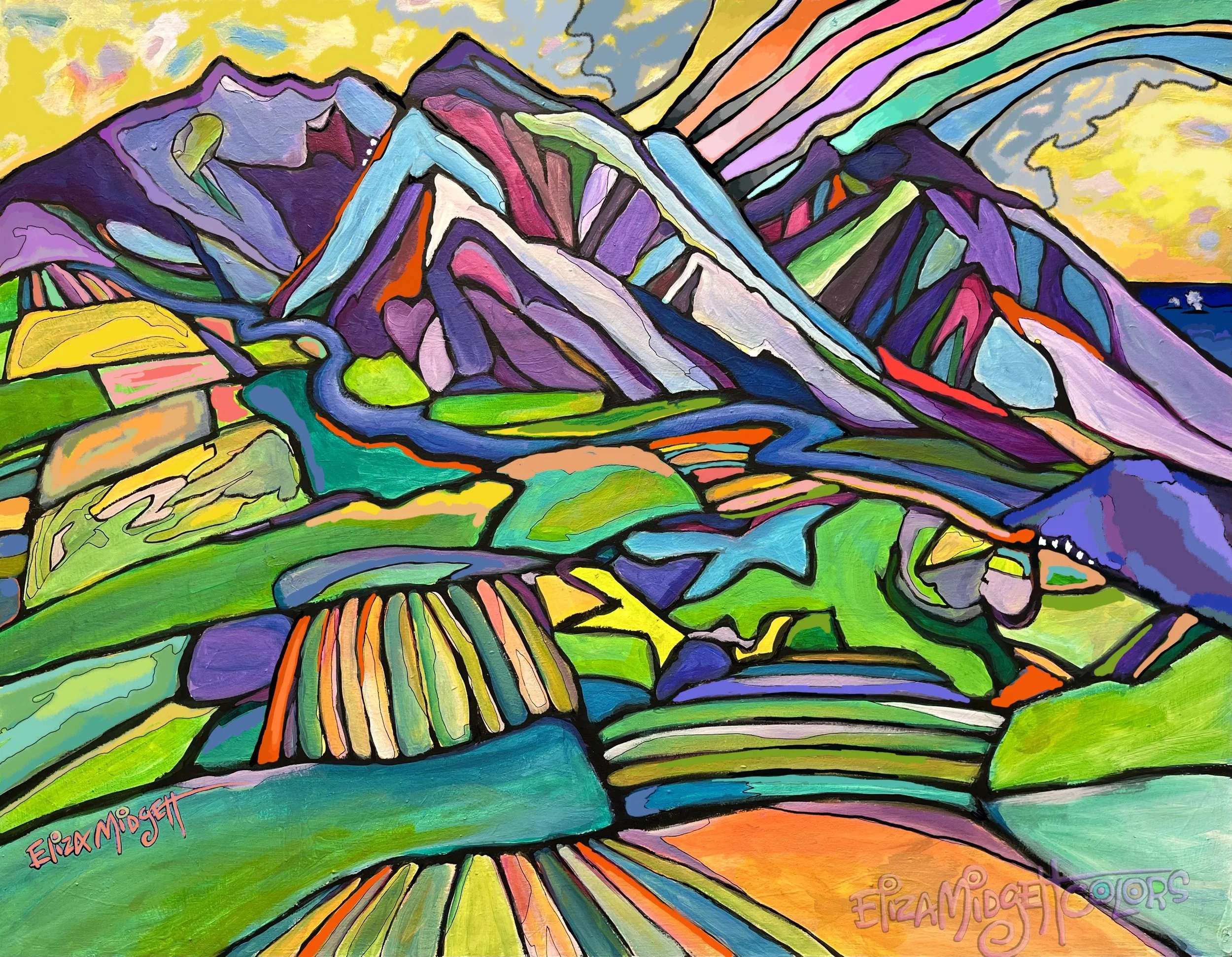 Maui: Rainbows, whales, & sugarcane. SOLD
This view is looking up towards the west Maui mountains, traveling on the road towards Lahaina. I took a lot of liberties using my imagination, as I wanted to paint the rainbow in a new way.