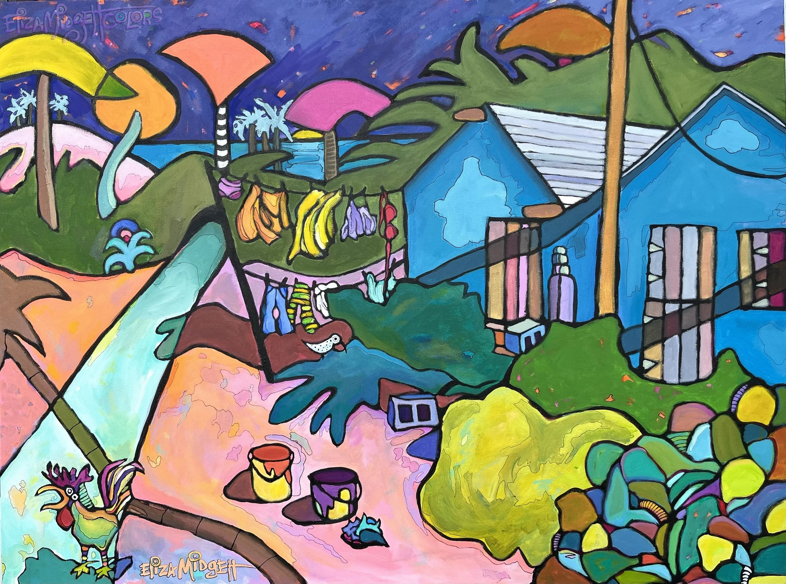 Take the Clothes in Mama! (Bahamas) 
30 x 40 Acrylic on Canvas
$2000.
Almost everything about this Bahamian scene is true to life, but exaggerated in my surreal style. I added the Picasso styled lovesick rooster.