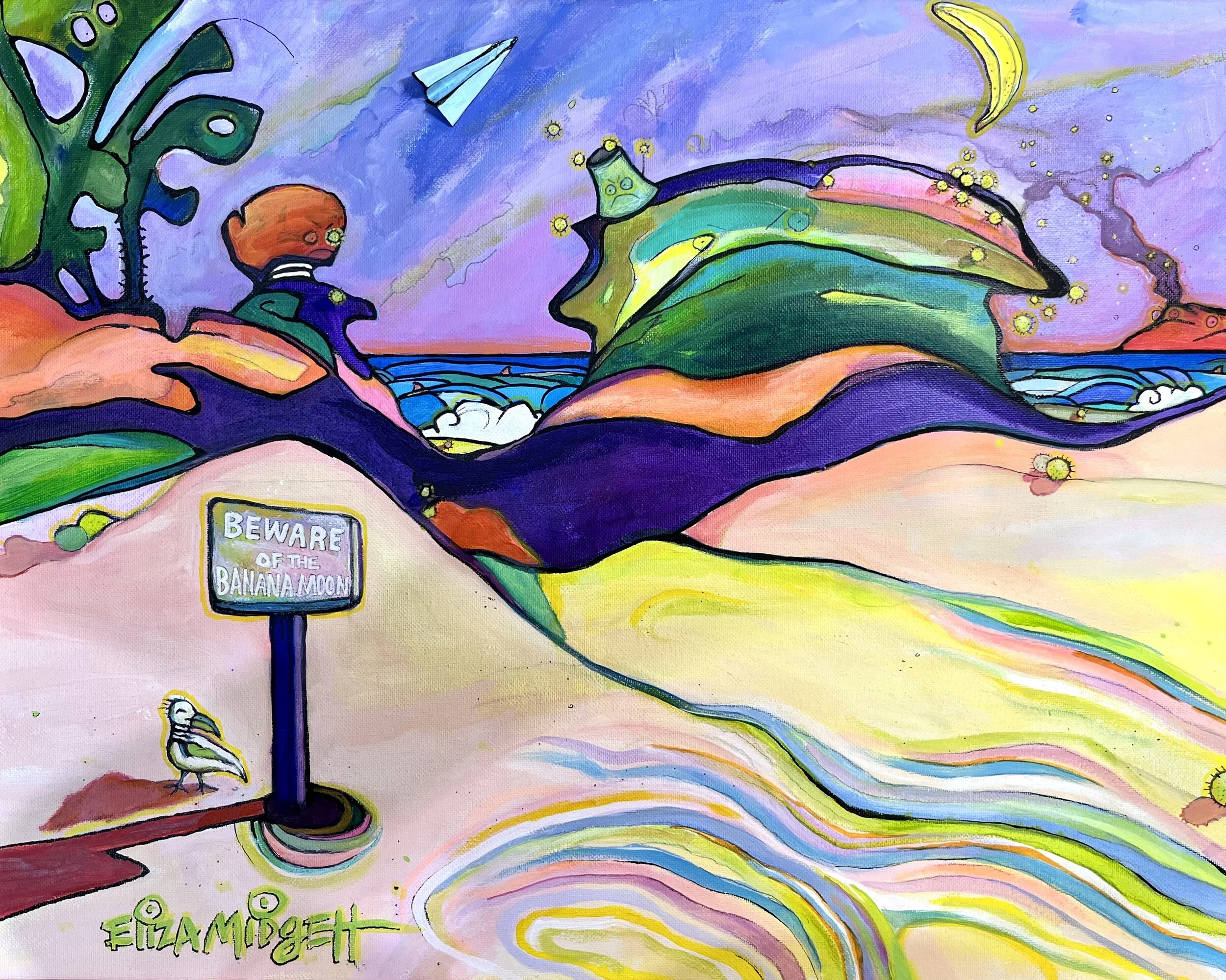 *Beware of the Banana Moon
18 x 22 Acrylic on Canvas 
*Available award winner
Anything can & will happen. On this surreal beach the seagull laughs as Pele, the goddess of fire, spits spiky lava balls into the sky. We never know what the world has in 