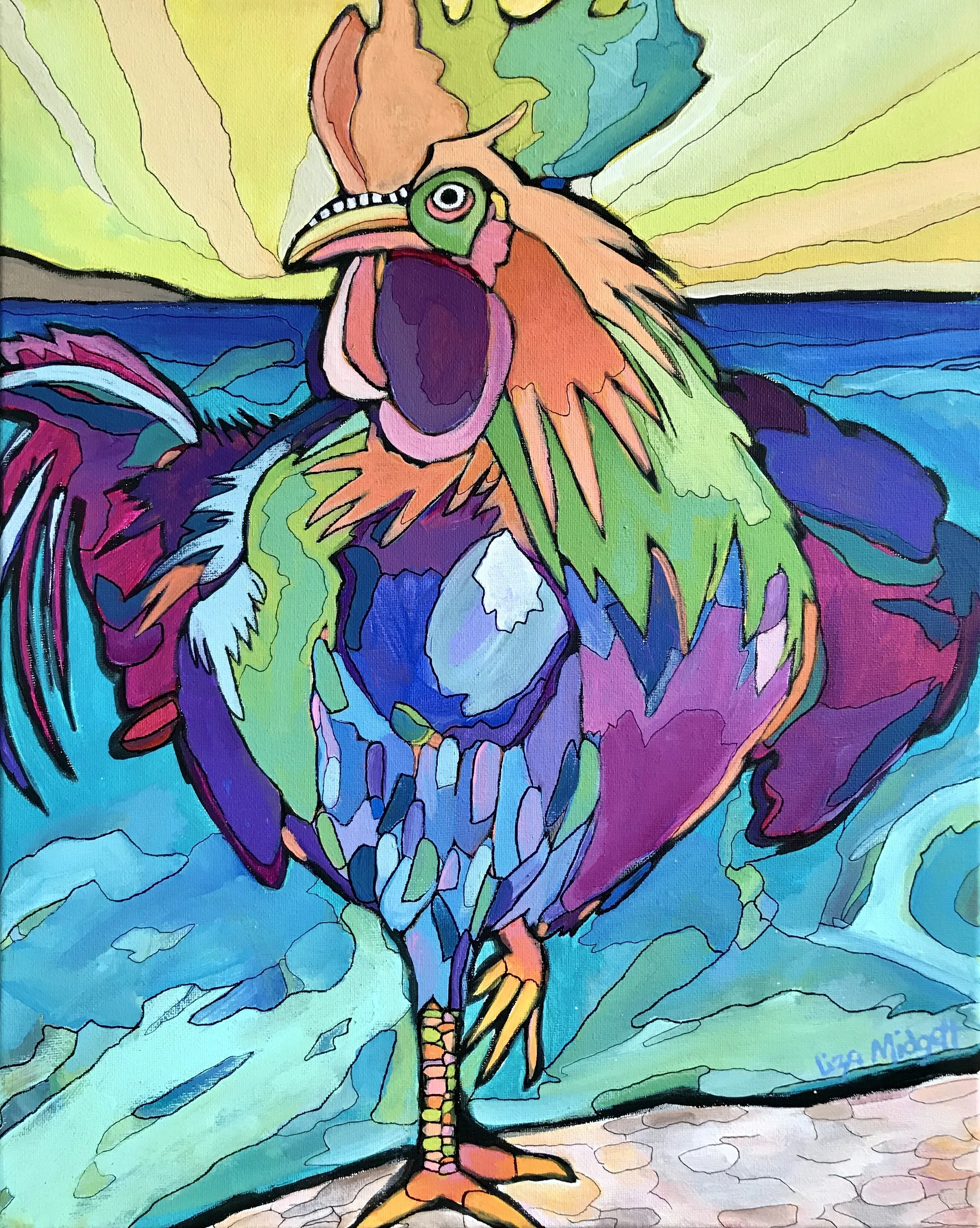 Beach Rooster! SOLD
There are some unusual “beach” roosters nearby that live very close to the beach. They know good real estate.
Original Sold, giclee's available.
