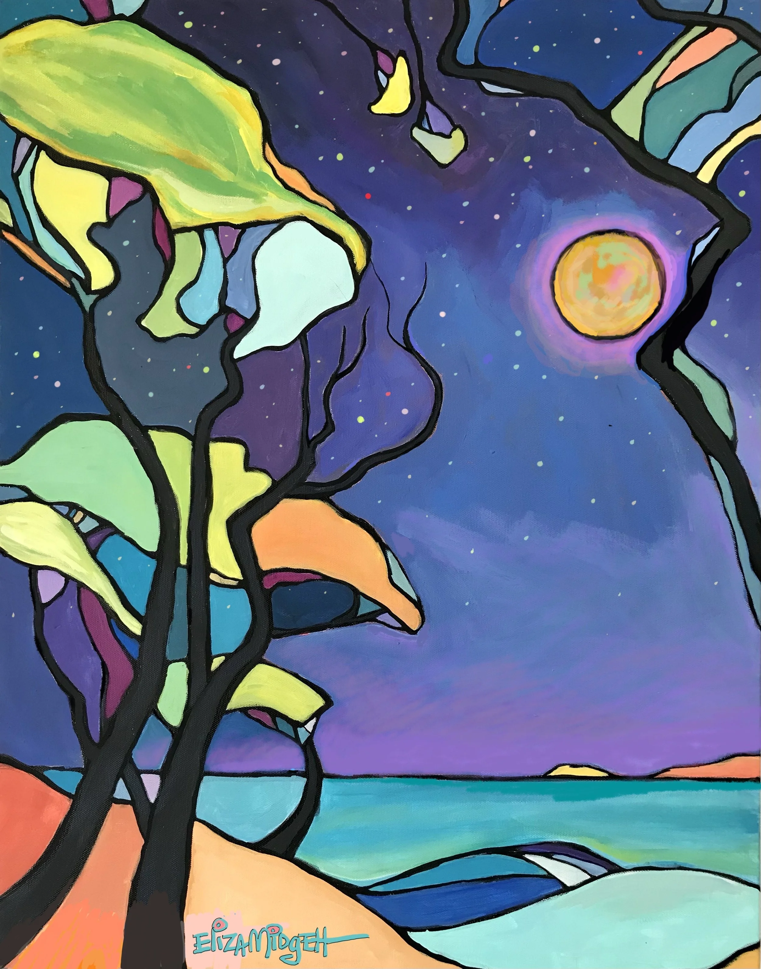 Live Oaks on the Beach SOLD
I nicknamed this one “Jellyfish
 Sticks” because the trees I created look like jellyfish sitting on top of sticks.  I love the organically crooked lines of live oak trees.
Original Sold, giclee's available.