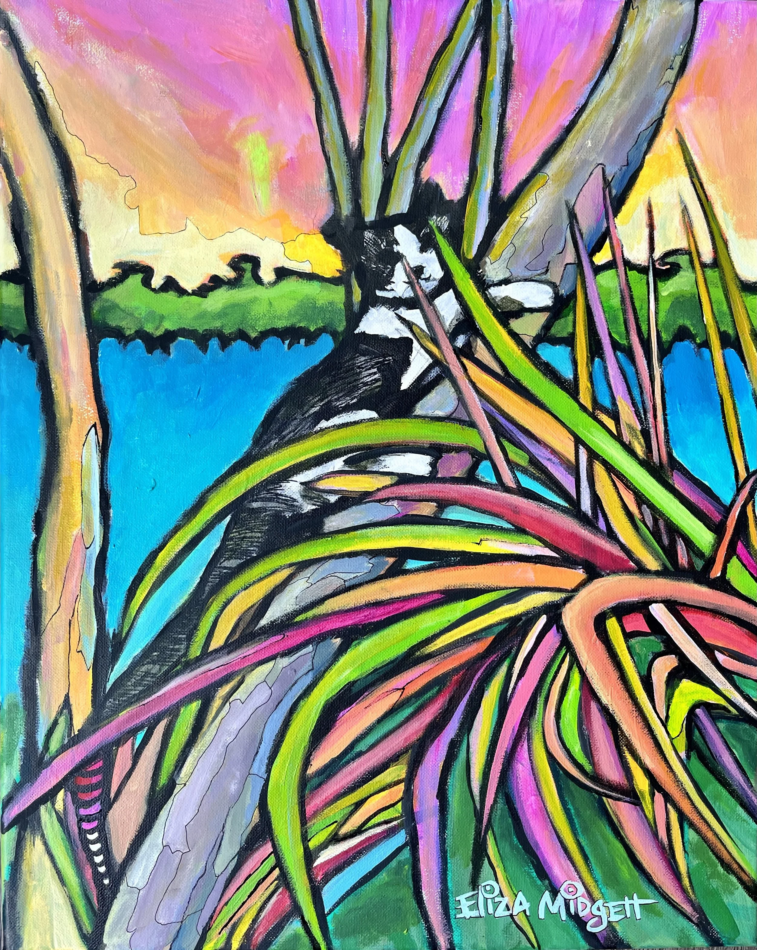 Kai Lily 
16 x 20 Acrylic on canvas SOLD
In a burst of manic energy, my cat raced straight up the palm tree. I had to paint him with fearlessly bold colors.