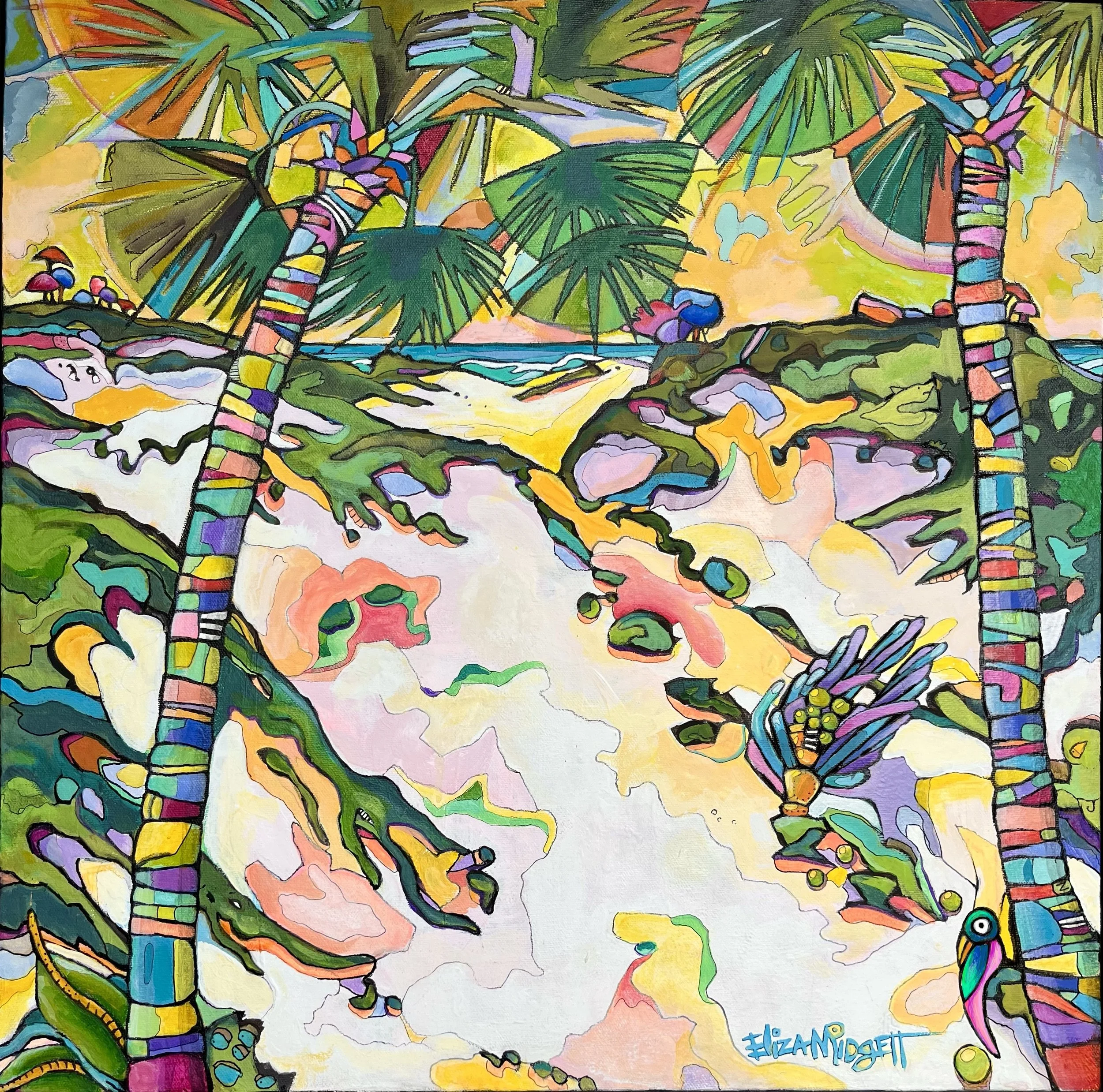 Chartreuse in the sun
SOLD
21 x 21
Acrylic on canvas
Two of my trademark colorfully striped palms frame this unique beach scene.
Original Sold, giclee's available.