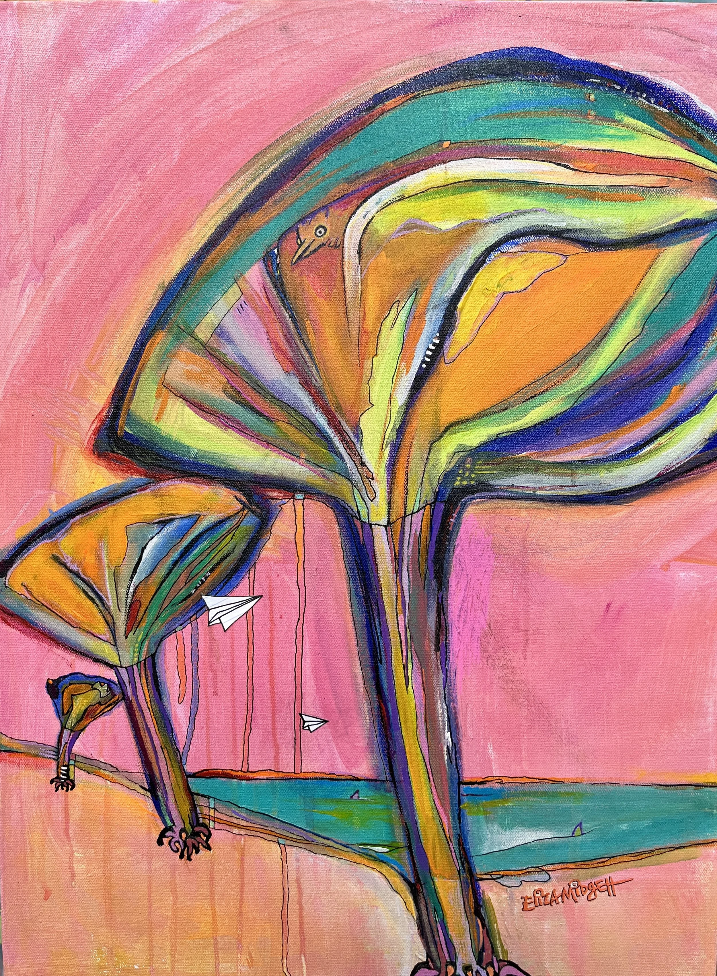 3 Twees
$660.
mixed media on canvas 18 x 24
SOLD
Abstract perspective of 3 whimsical trees dripping with color, next to the beautiful sea green ocean, complete with a lil’ shark. You will notice Eliza’s black & white “piano keys” honoring her musicia
