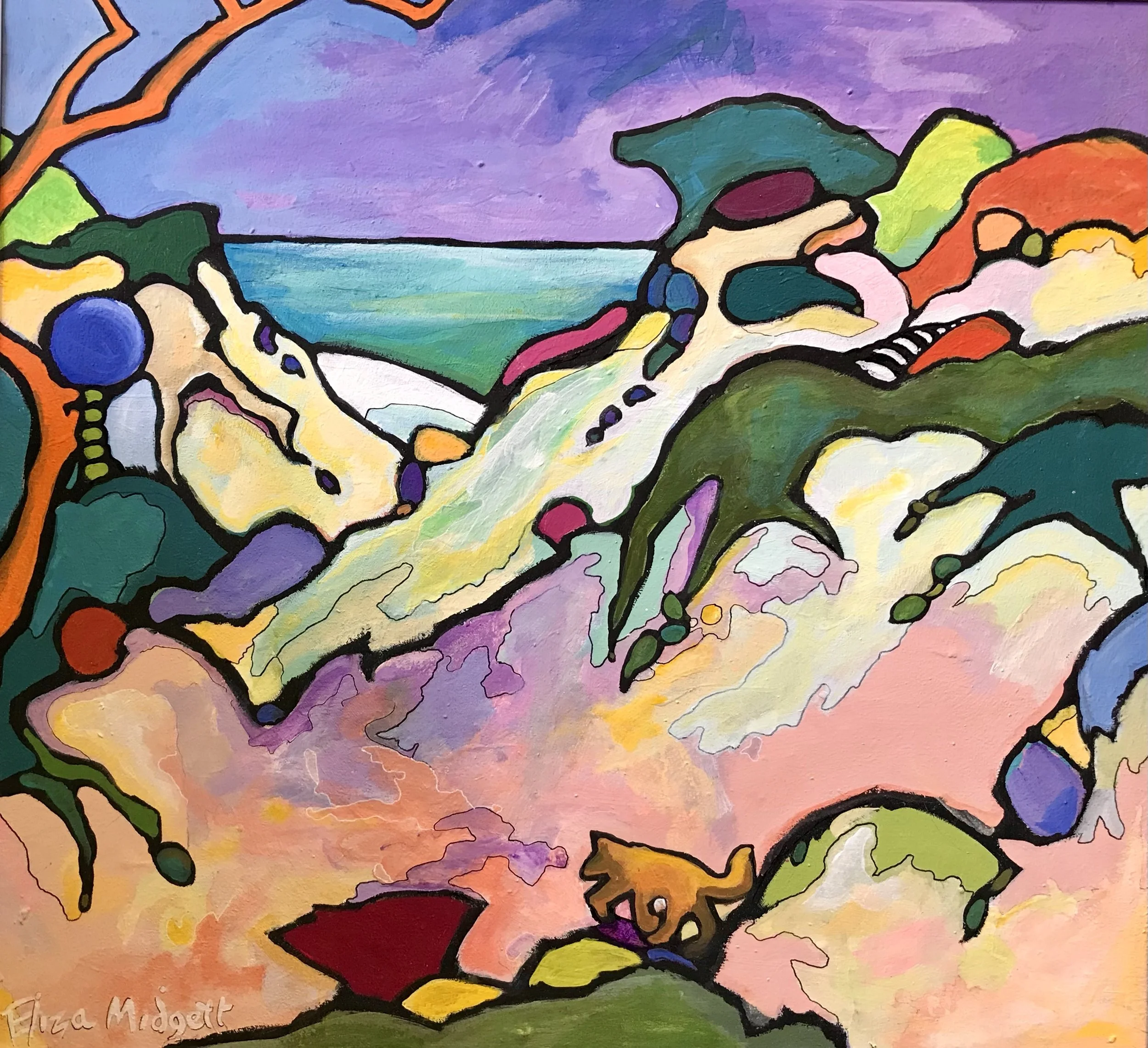 Hiding on a Blue Beach. 24 x 30 SOLD
I used to have a very cool red dog who would sneak around like a spy hunting for a clue. Here she is headed for the “blue” beach, on colorful winding paths next to tall sand dunes.
Original Sold, giclee's availabl