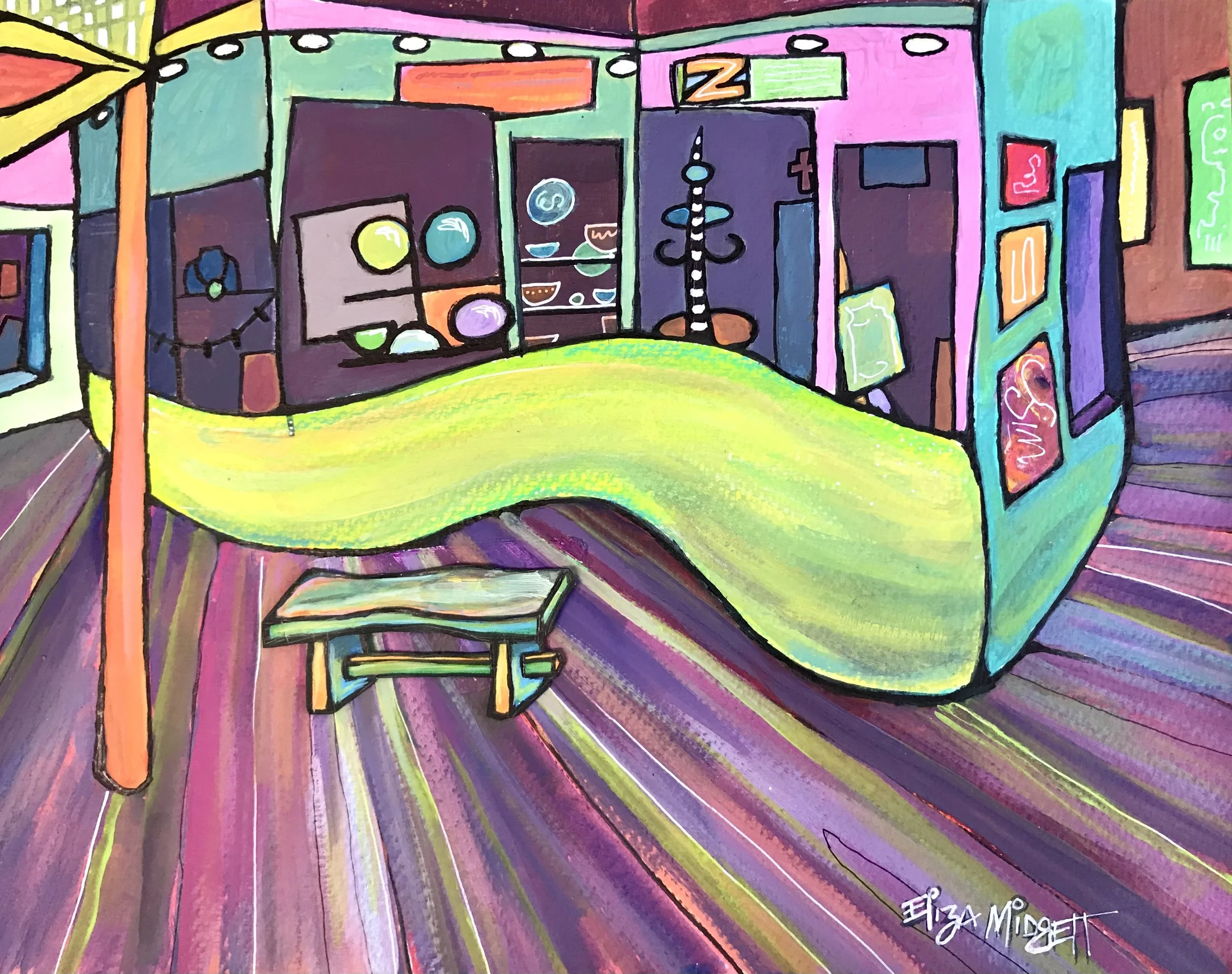 *Waiting...
12 x 18 plus mat & frame
*Available
This mixed media piece with a 3D bench  symbolizes the longest day, and a hope for the cure for Alzheimer's disease. Painted during Covid showing the inside of our interesting gallery, my brother’s name