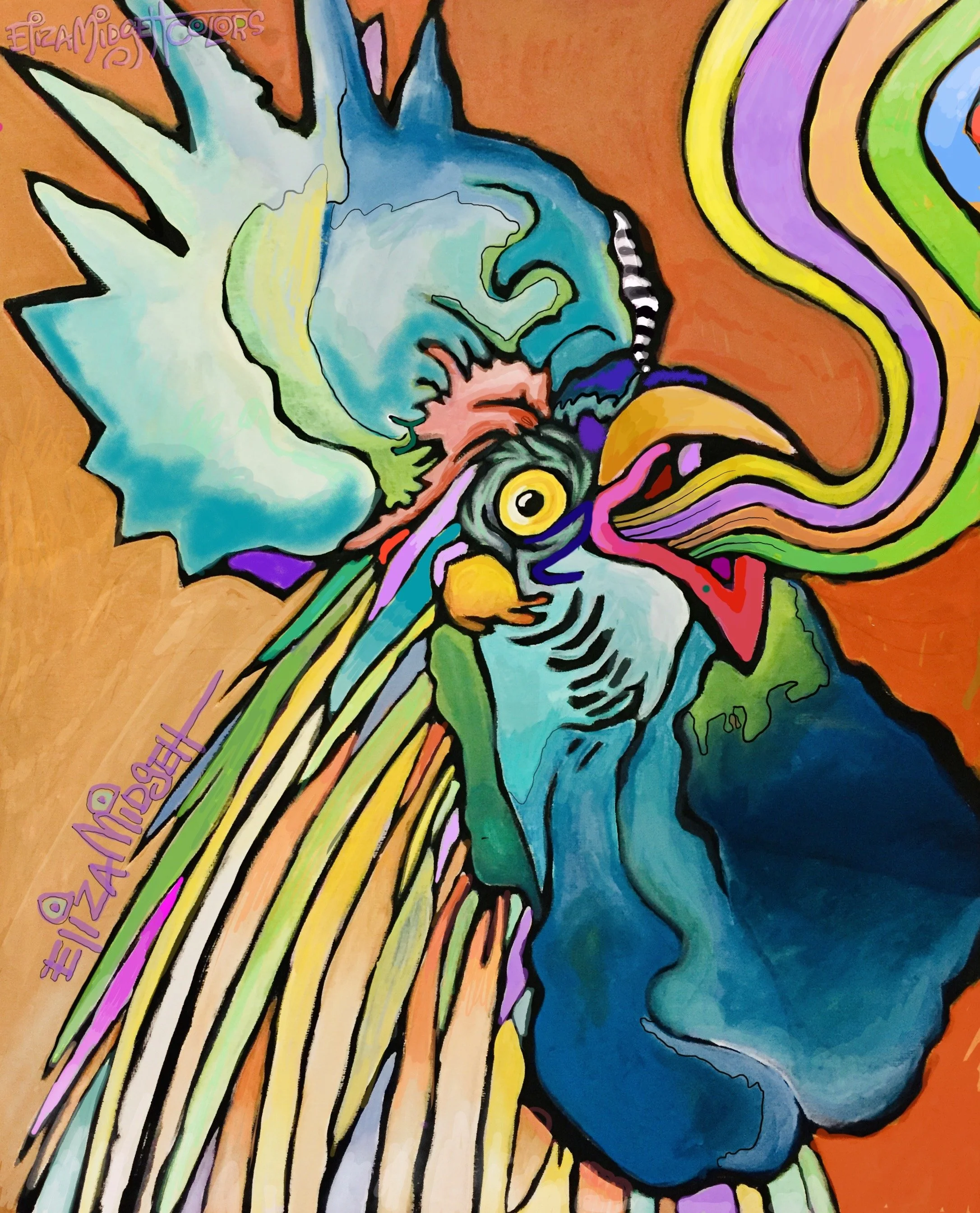 Crowing Rainbows. Private collection.
This rooster is proclaiming his feelings very loudly through color!
In a private collection. Giclee's available.