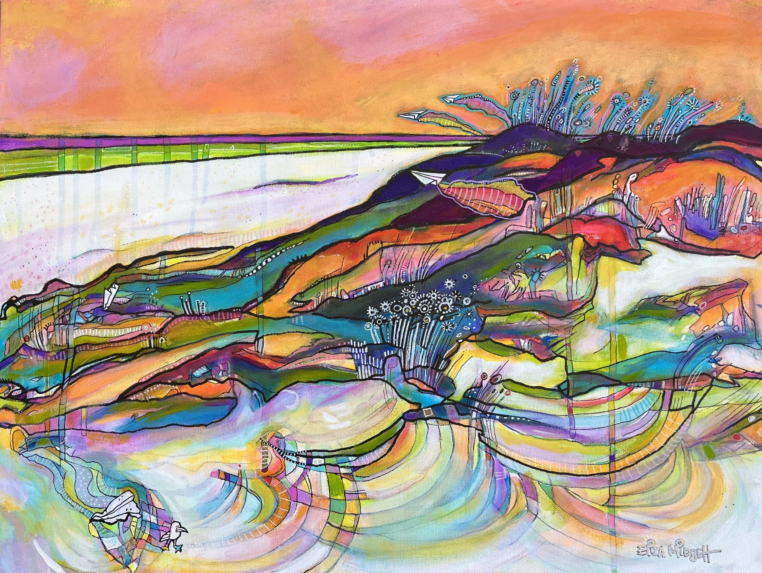I’m okay…
i’m okay…
18 x 24 mixed media on canvas, framed
1,200

The seagull steps away from the paper airplane crash—ruffled but moving on. In this surreal piece, paper airplanes rise above the
colorful dunes into a tangerine sky—fragile, determined
